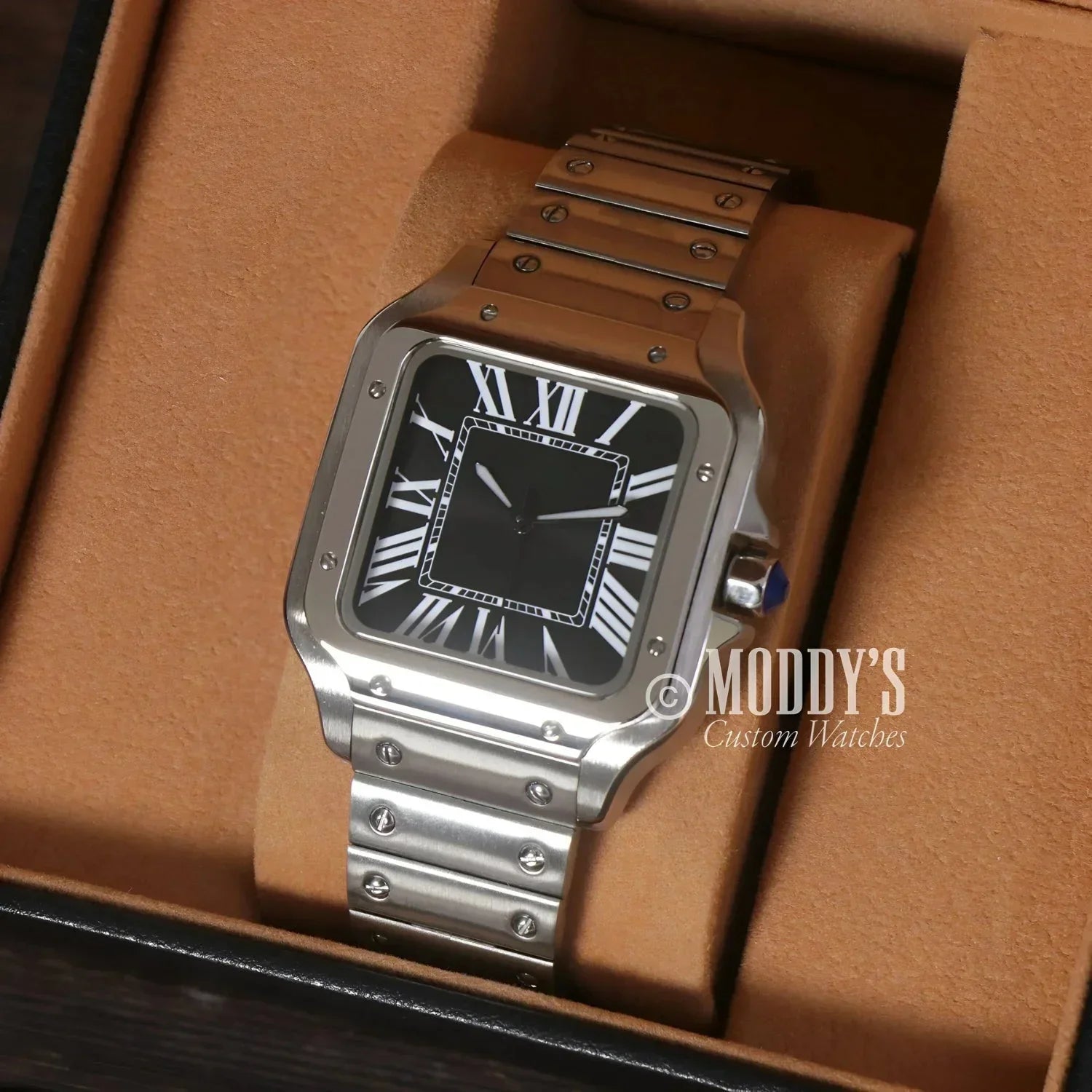 Silver square wristwatch with black face featuring NH35 automatic movement and 316L stainless steel