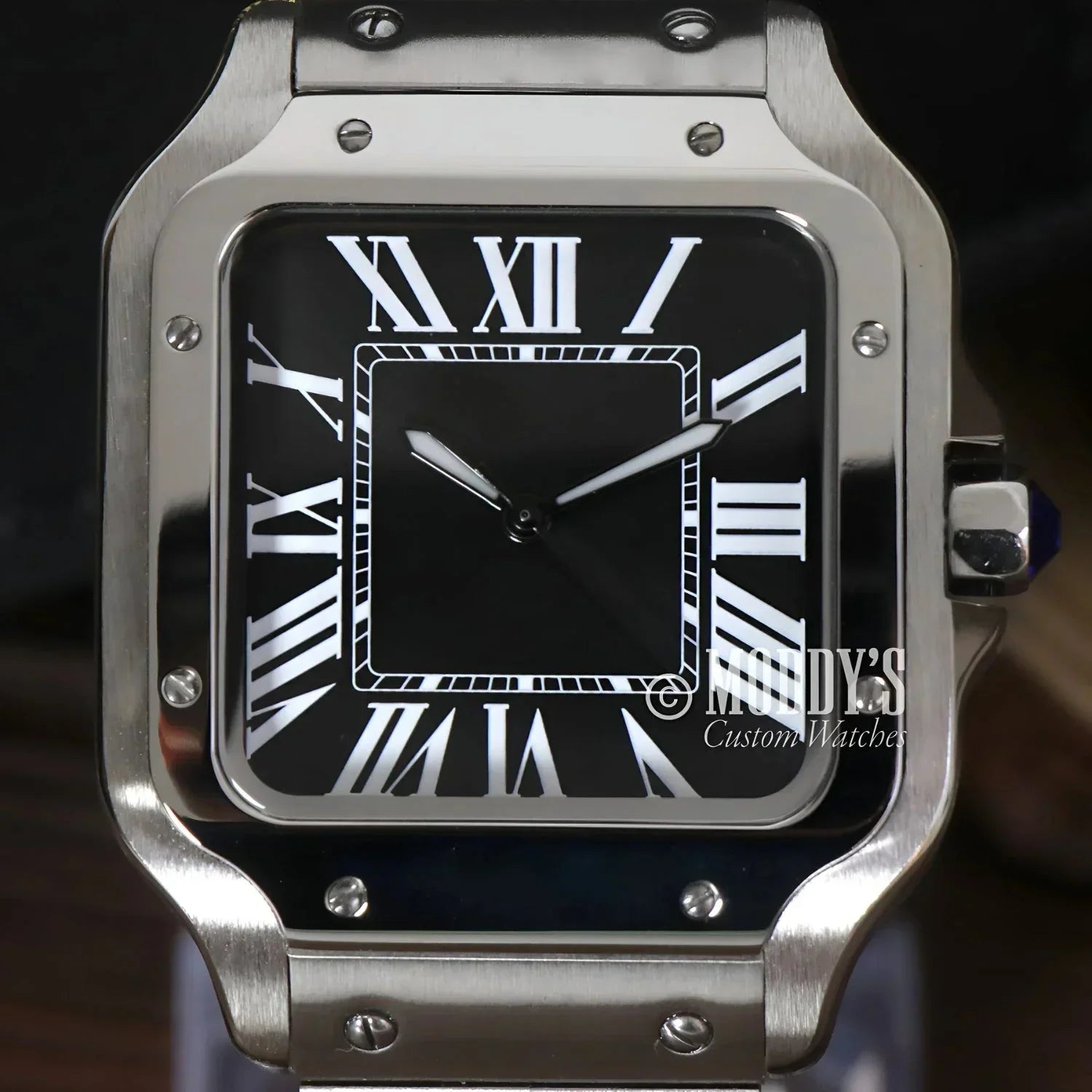 Silver square wristwatch with black face featuring NH35 automatic movement, 316L stainless steel