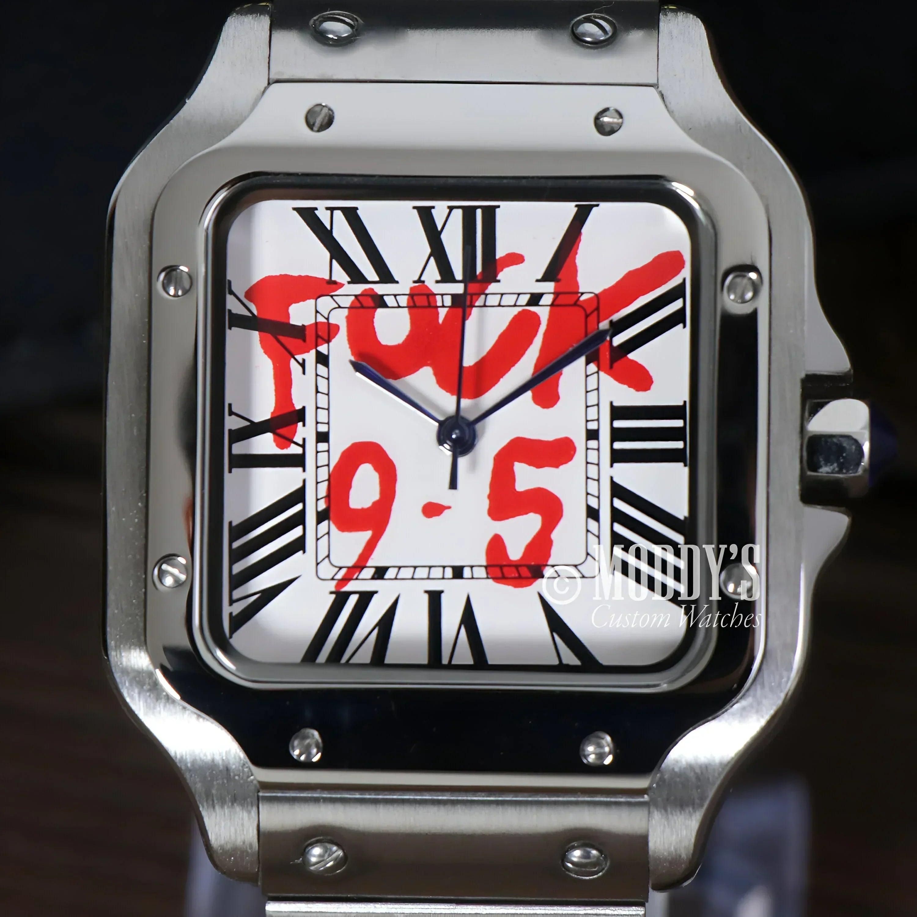 Silver wristwatch with White Fck 9 to 5 message, featuring Seiko NH35 automatic movement
