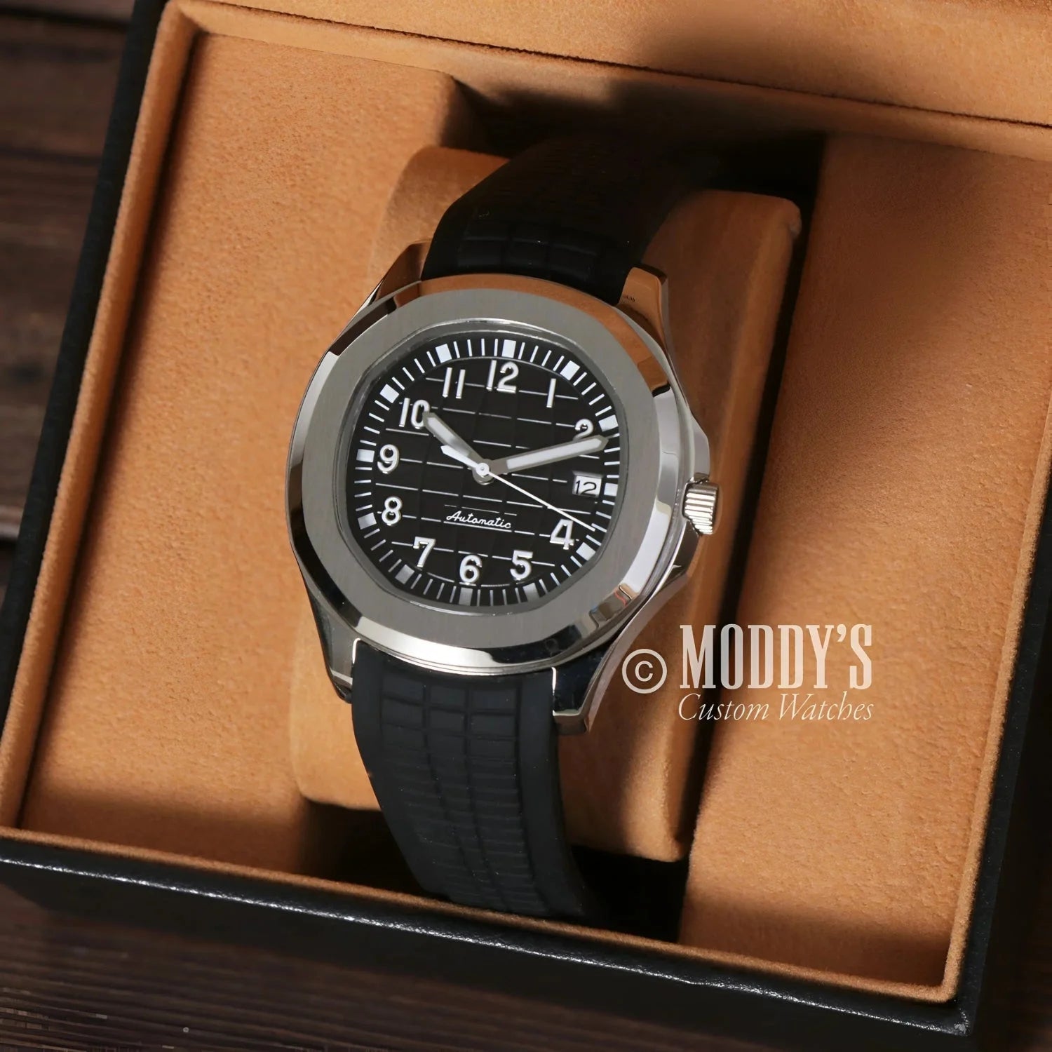 Silver wristwatch with black band, featuring Seiko NH35 automatic movement in Seikonaut Black