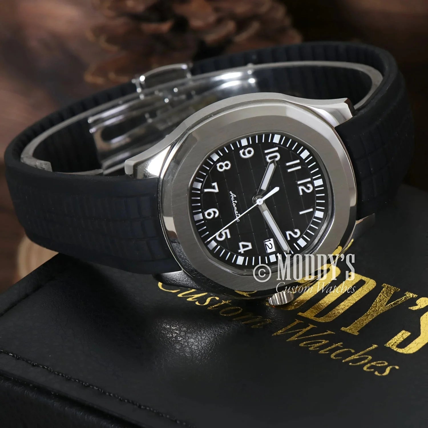 Silver-cased Seikonaut Black wristwatch featuring NH35 automatic movement with black band