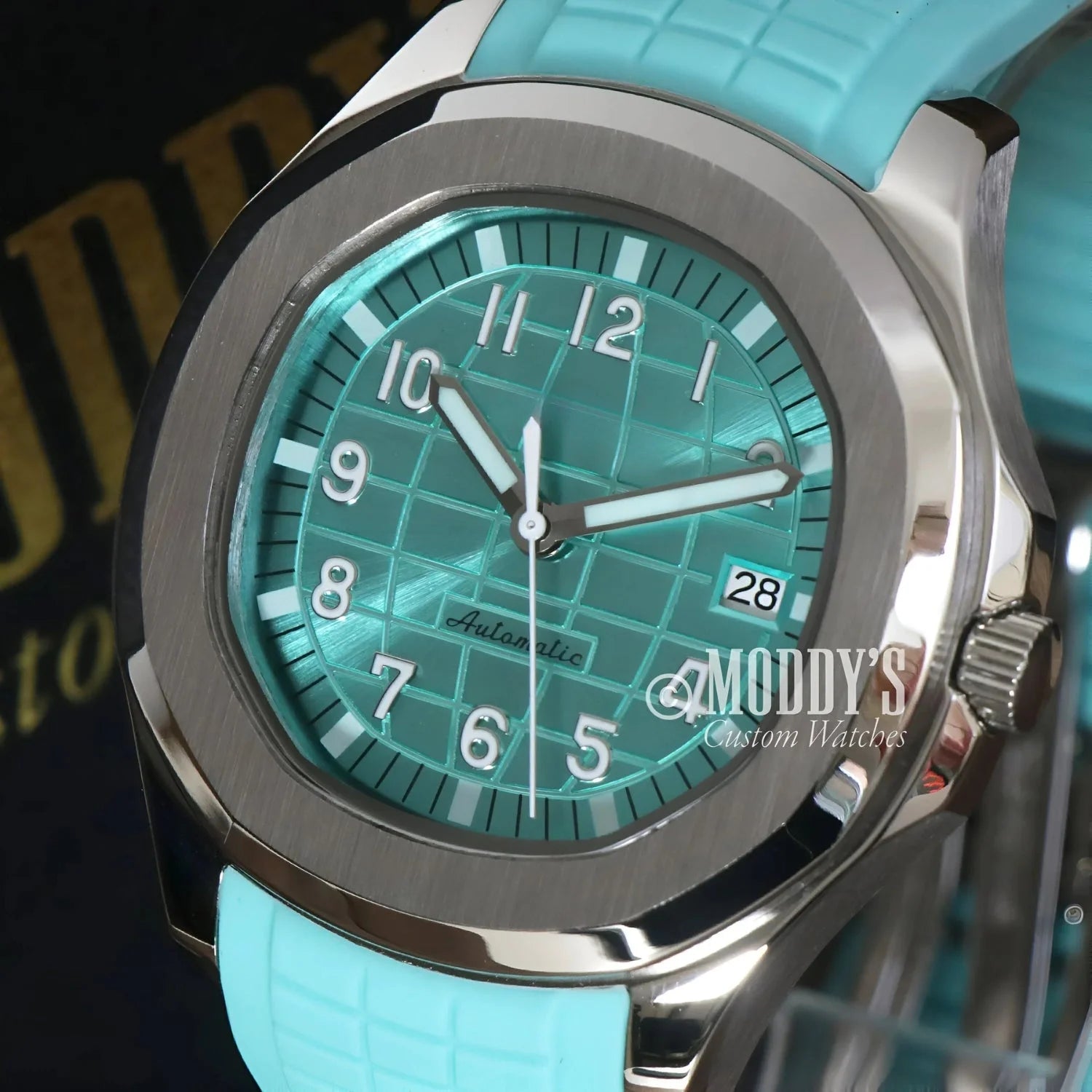 Turquoise-faced Seikonaut wristwatch in Tiffany Metallic Blue with Seiko NH35 automatic movement