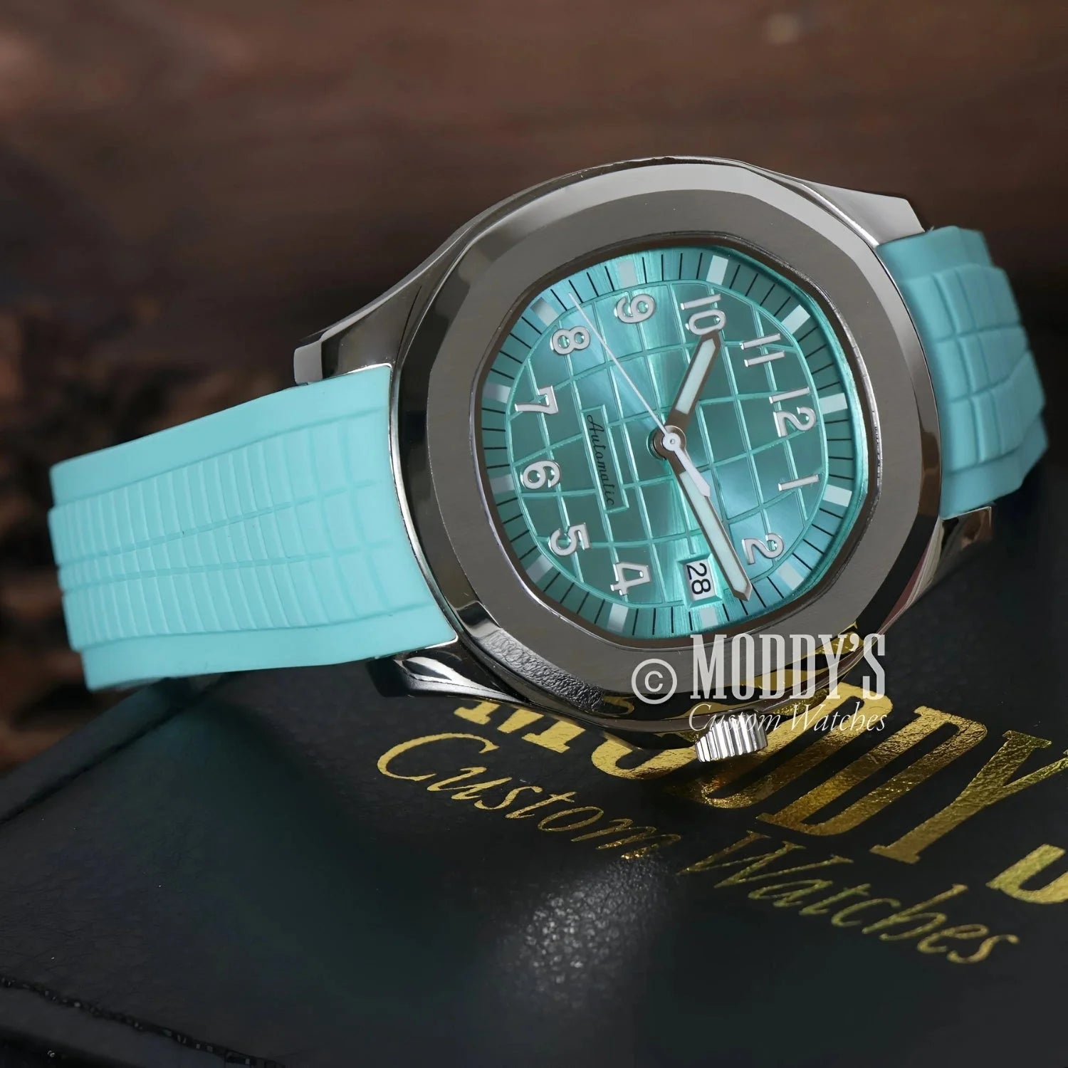 Silver watch with turquoise band and face, Seikonaut Tiffany Metallic Blue, Seiko NH35 Automatic