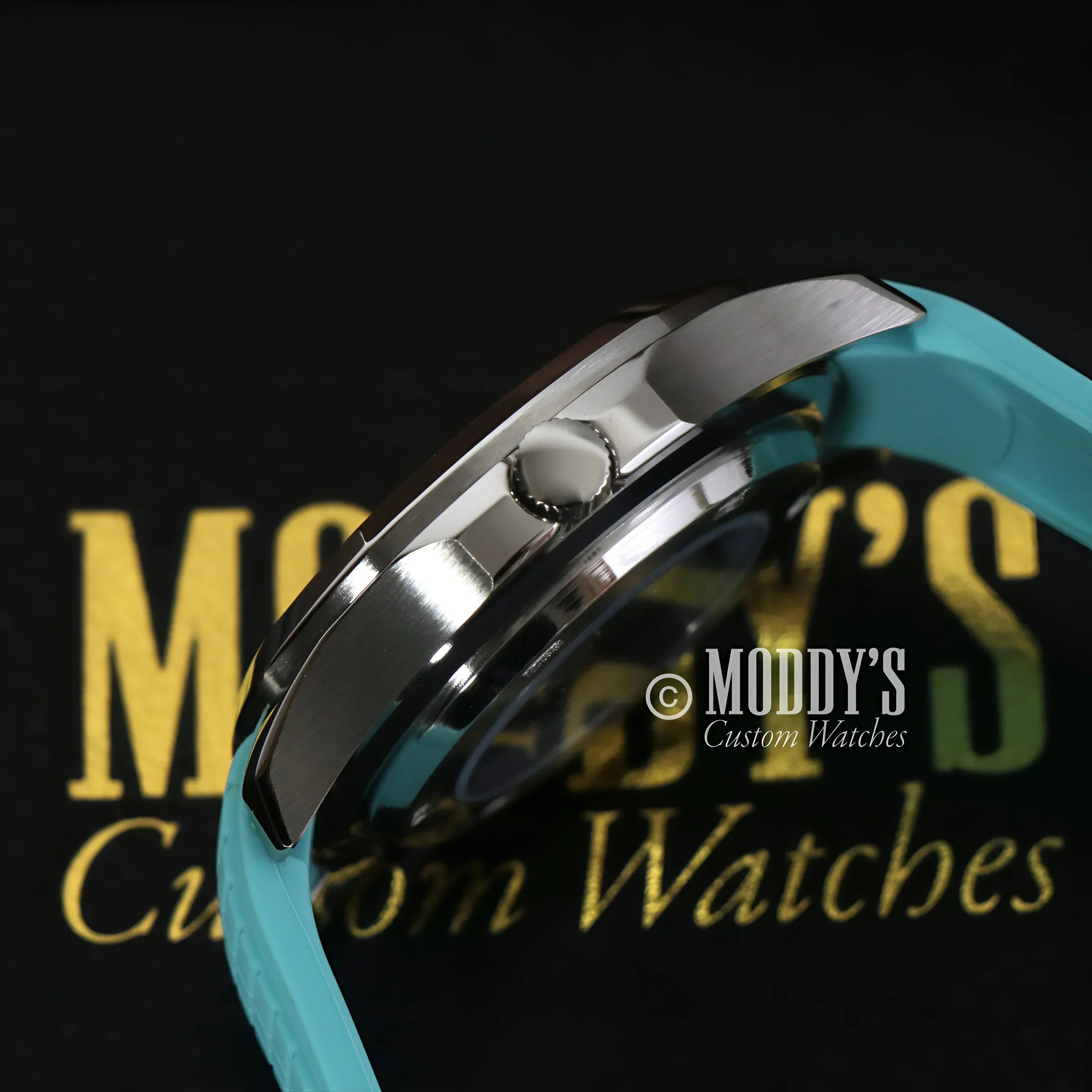 Silver watch with turquoise band in Tiffany Metallic Blue featuring Seiko NH35 automatic