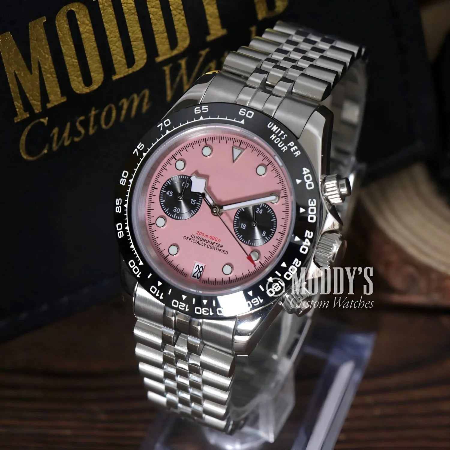 Pink-faced Tudeiko Chrono Pink wristwatch with stainless steel band and Seiko VK63 hybrid movement