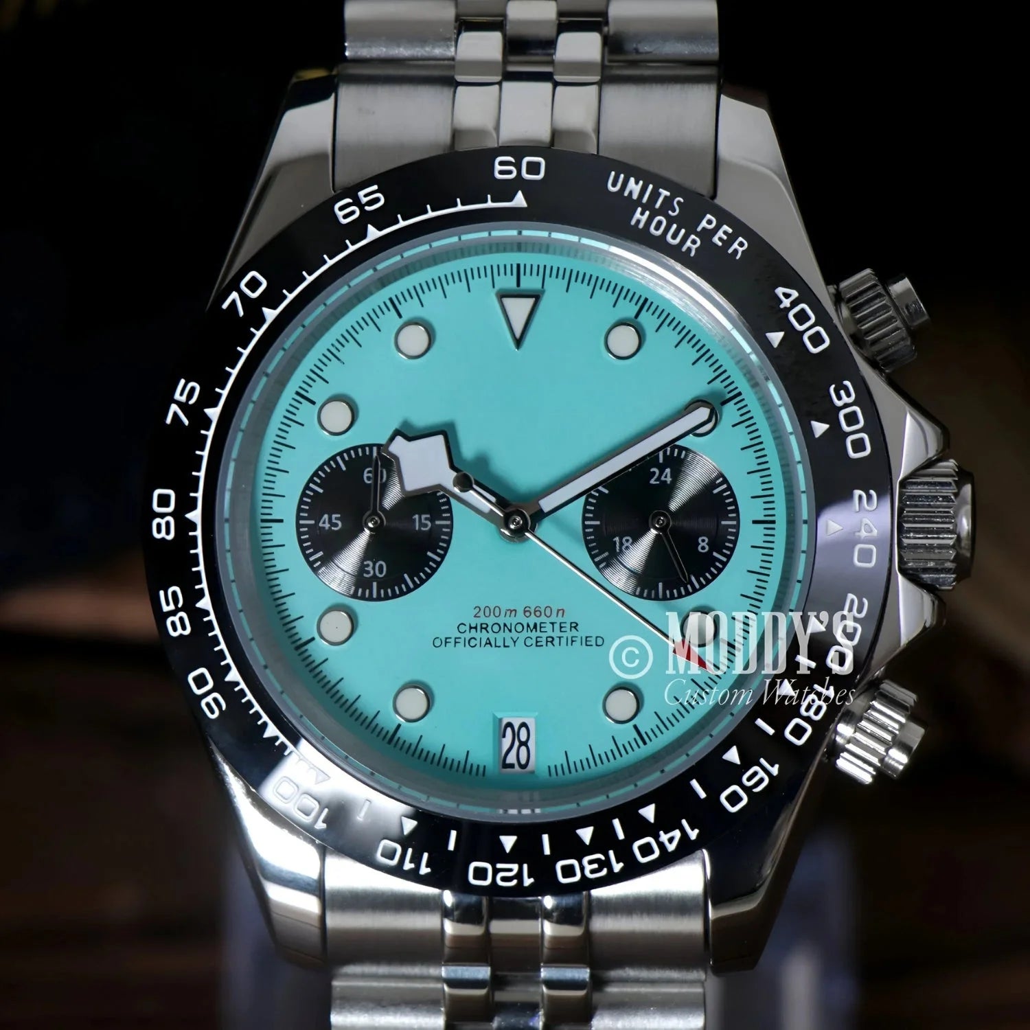 Tudeiko Chrono Blue wristwatch featuring a Tiffany-blue face and Seiko VK63 hybrid movement