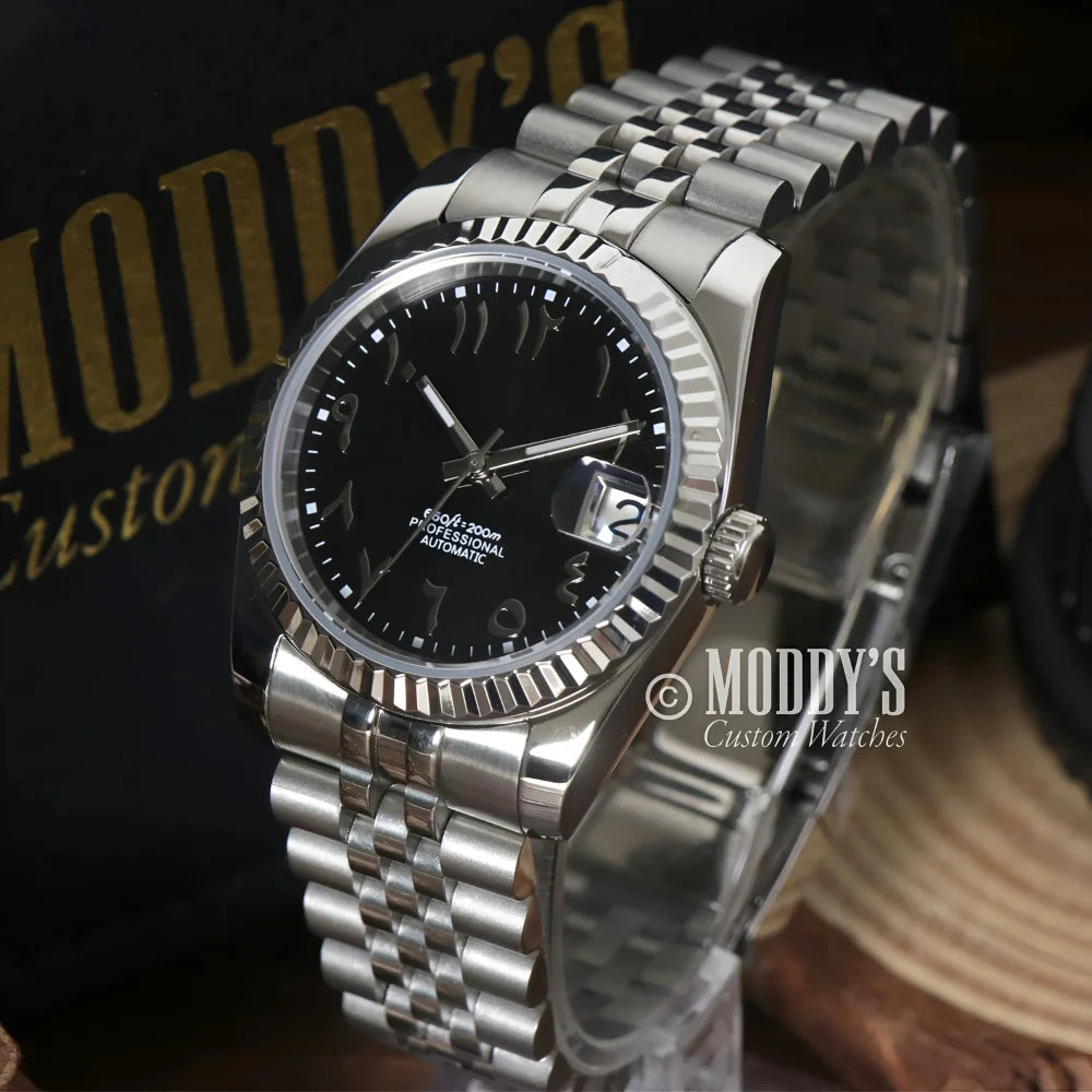 Silver Seikojust Black Arabic wristwatch with NH35 automatic movement and 904L stainless steel