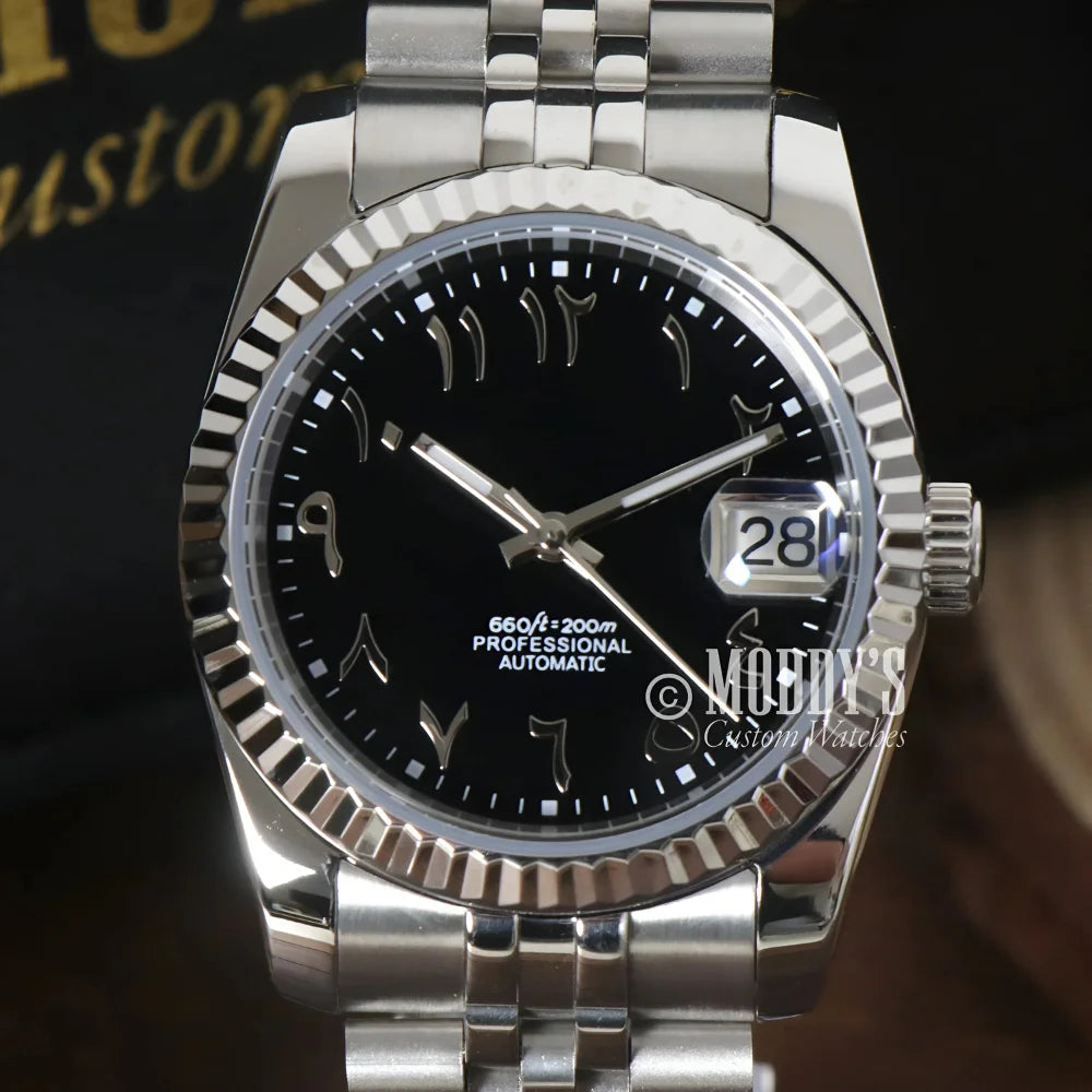 Silver Seikojust Black Arabic wristwatch with NH35 automatic movement and 904L stainless steel