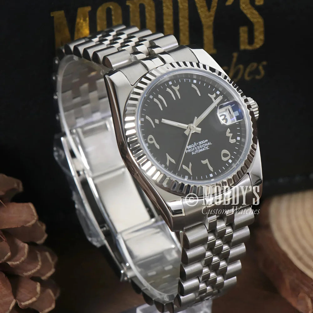 Silver Seikojust Black Arabic wristwatch with NH35 automatic movement and 904L stainless steel