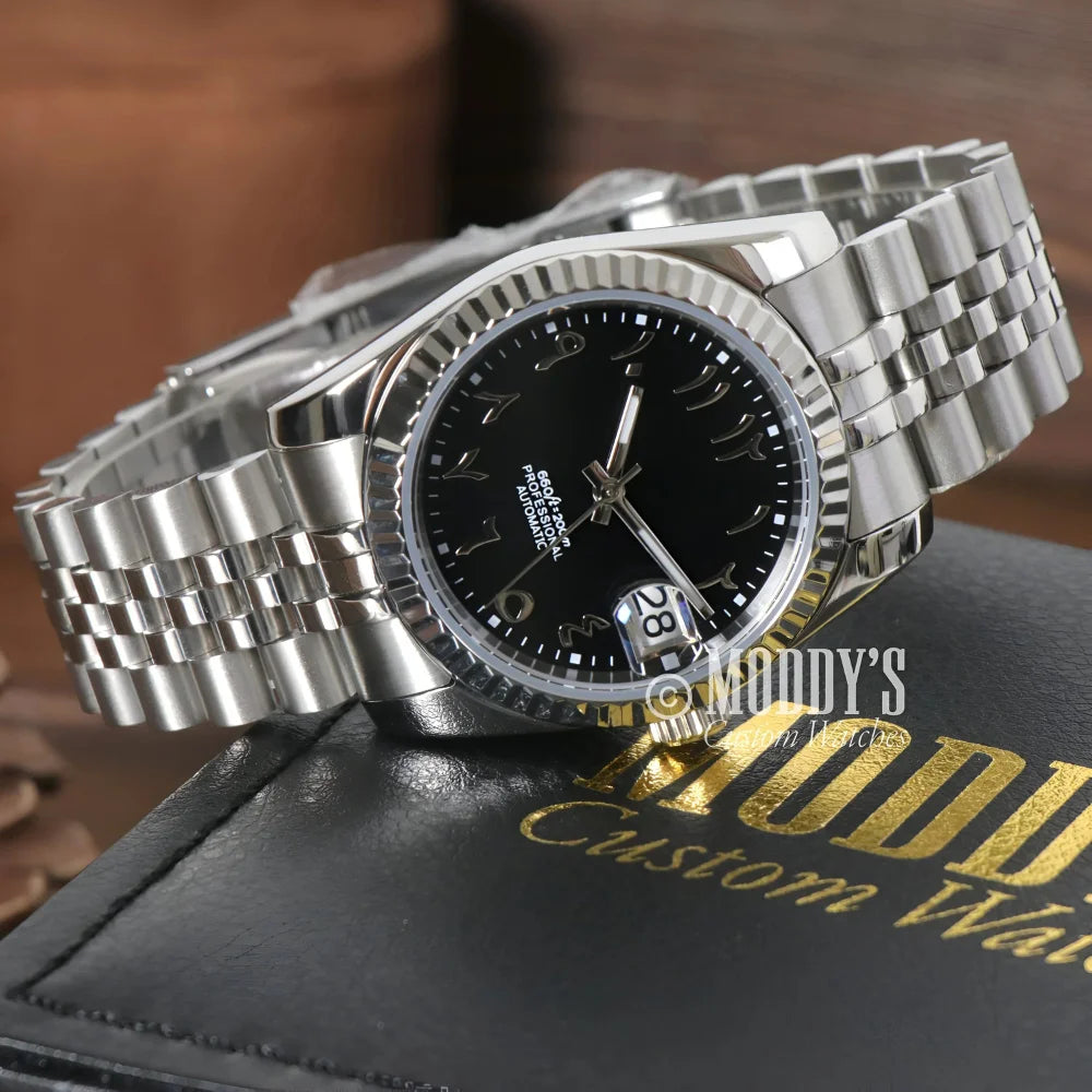 Silver Seikojust Black Arabic wristwatch with NH35 automatic movement and 904L stainless steel