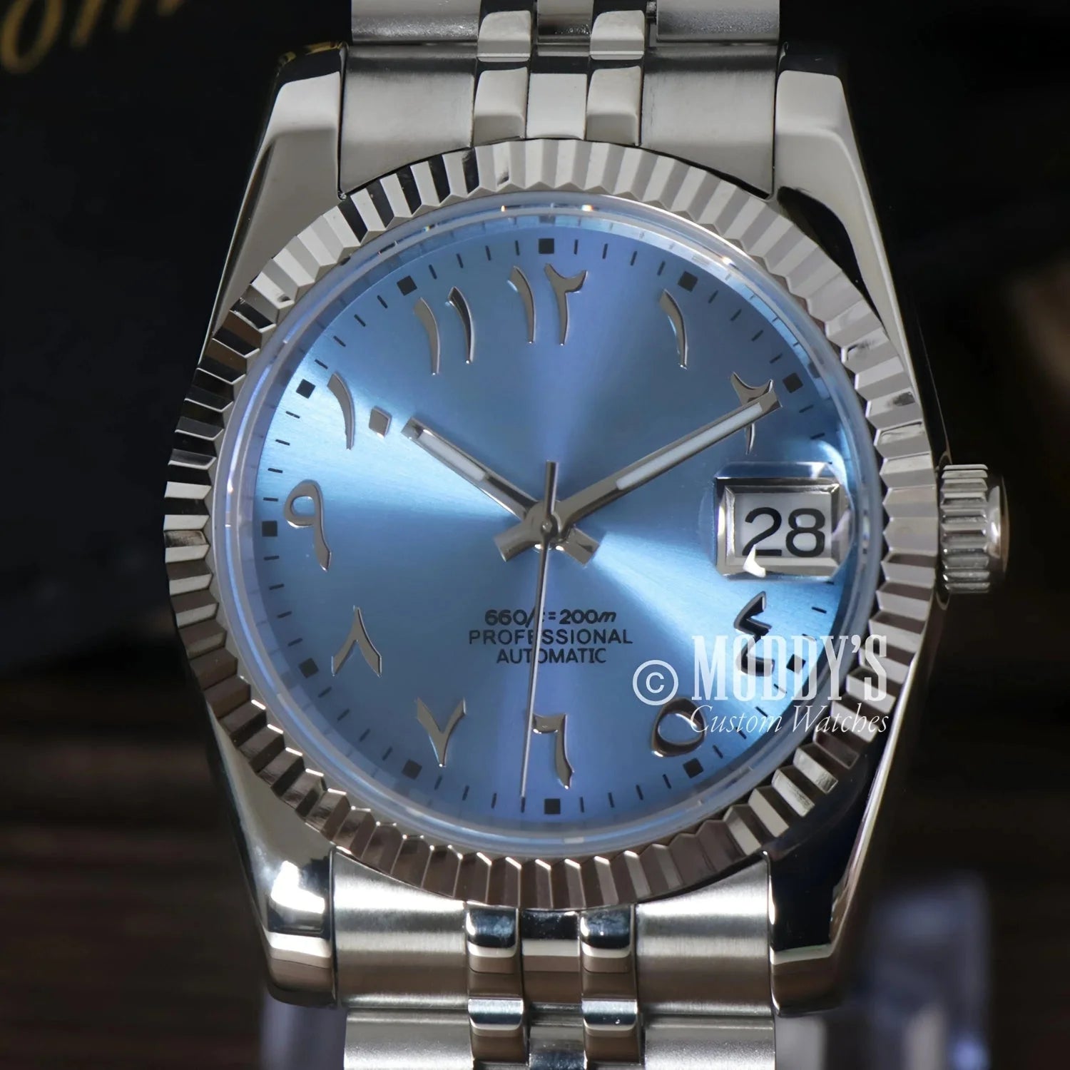 Silver wristwatch with Arabic numerals, Seikojust Ice Blue Arabic, Seiko NH35 Automatic