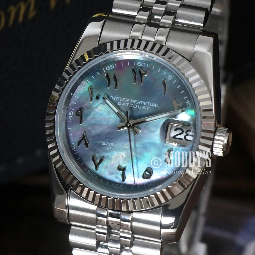 Silver Seikojust Arabic Cosmos wristwatch with Arabic numerals and Seiko NH35 Automatic