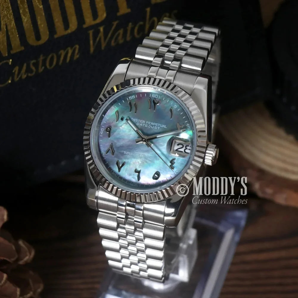 Silver Seikojust Arabic Cosmos wristwatch with Arabic numerals and Seiko NH35 Automatic movement