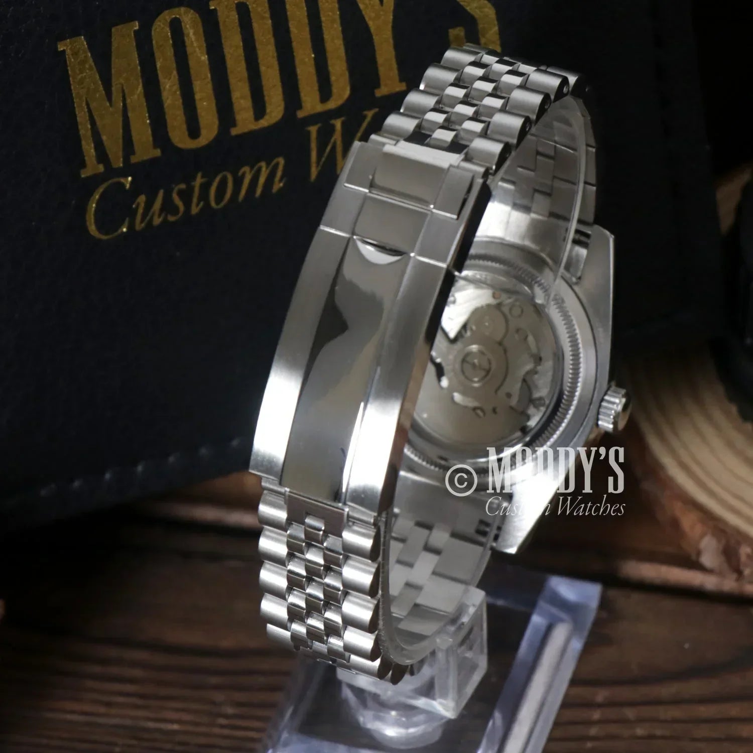 Silver wristwatch with exposed movement, Seiko Mod Datejust featuring Seiko NH35 automatic