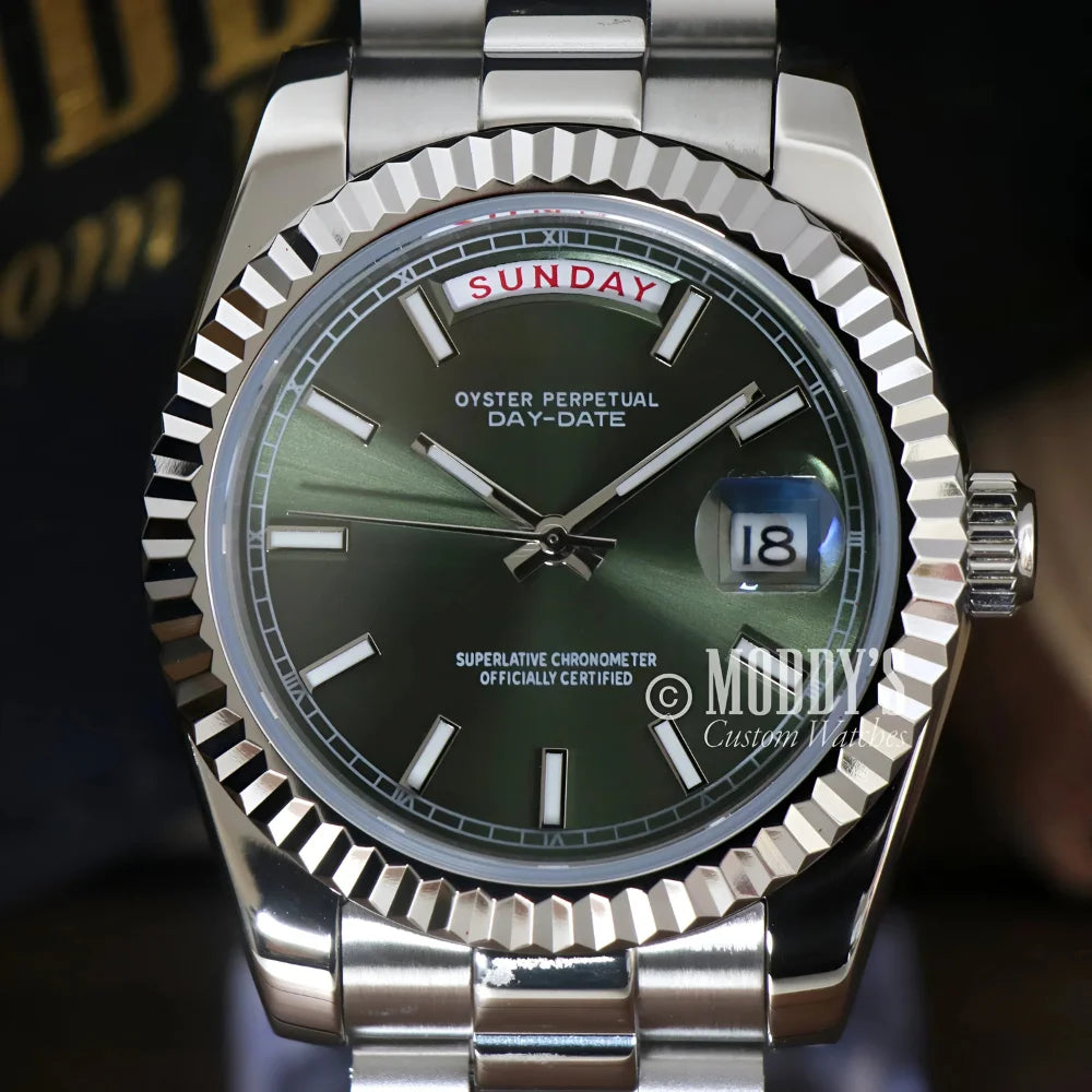 Silver Rolex Day-Date watch with a green dial in Seikojust Daydate Mint Green style