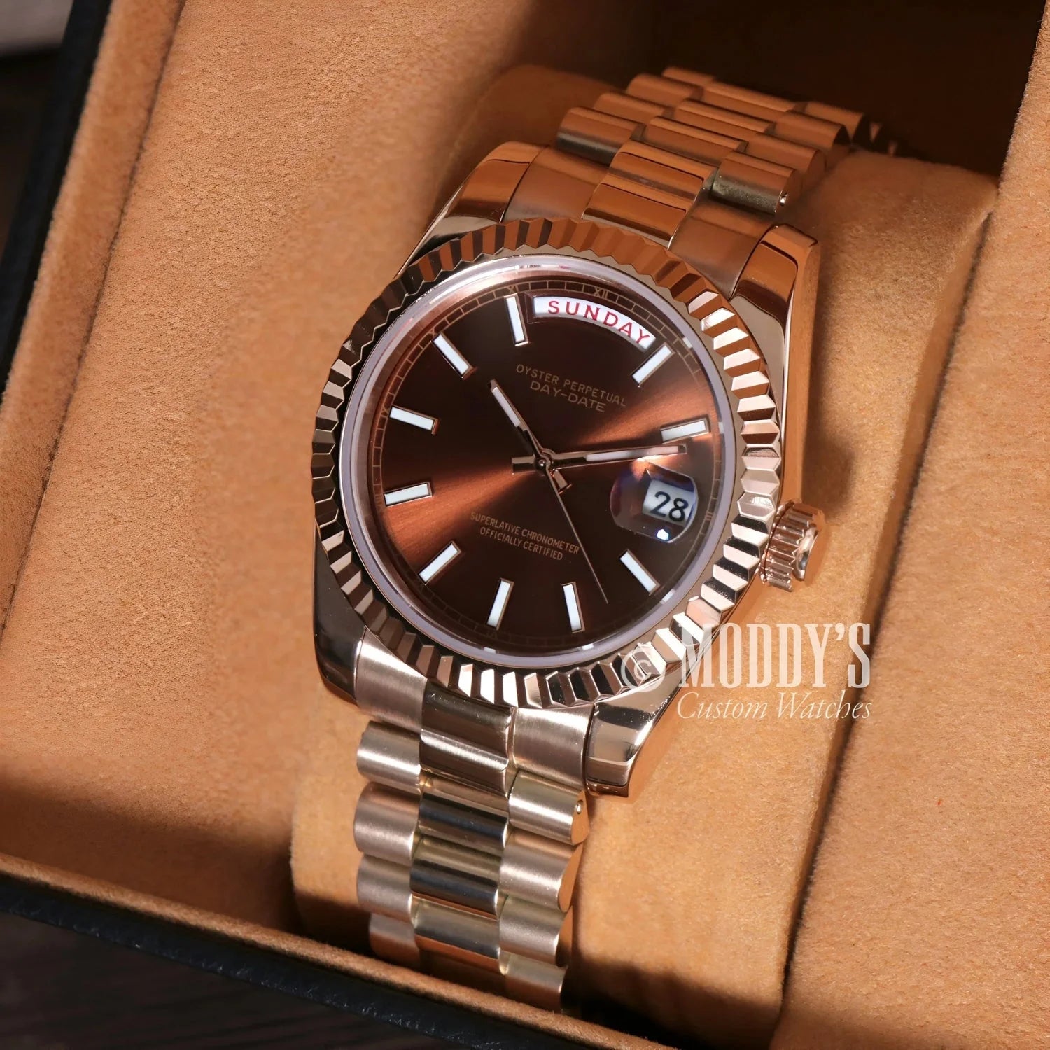 Rose Gold Rolex Day-Date watch in Seikojust Daydate Rose Gold Chocolate design