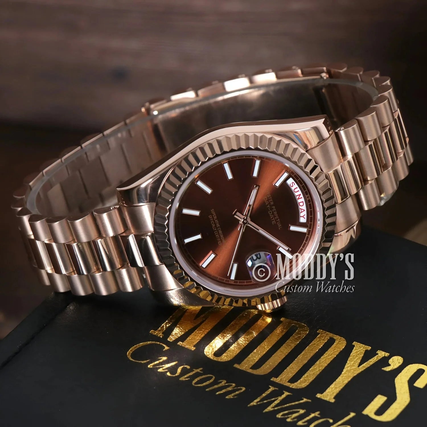 Rose gold wristwatch featuring Daydate Rose Gold design by Seiko Mod in 316L stainless steel