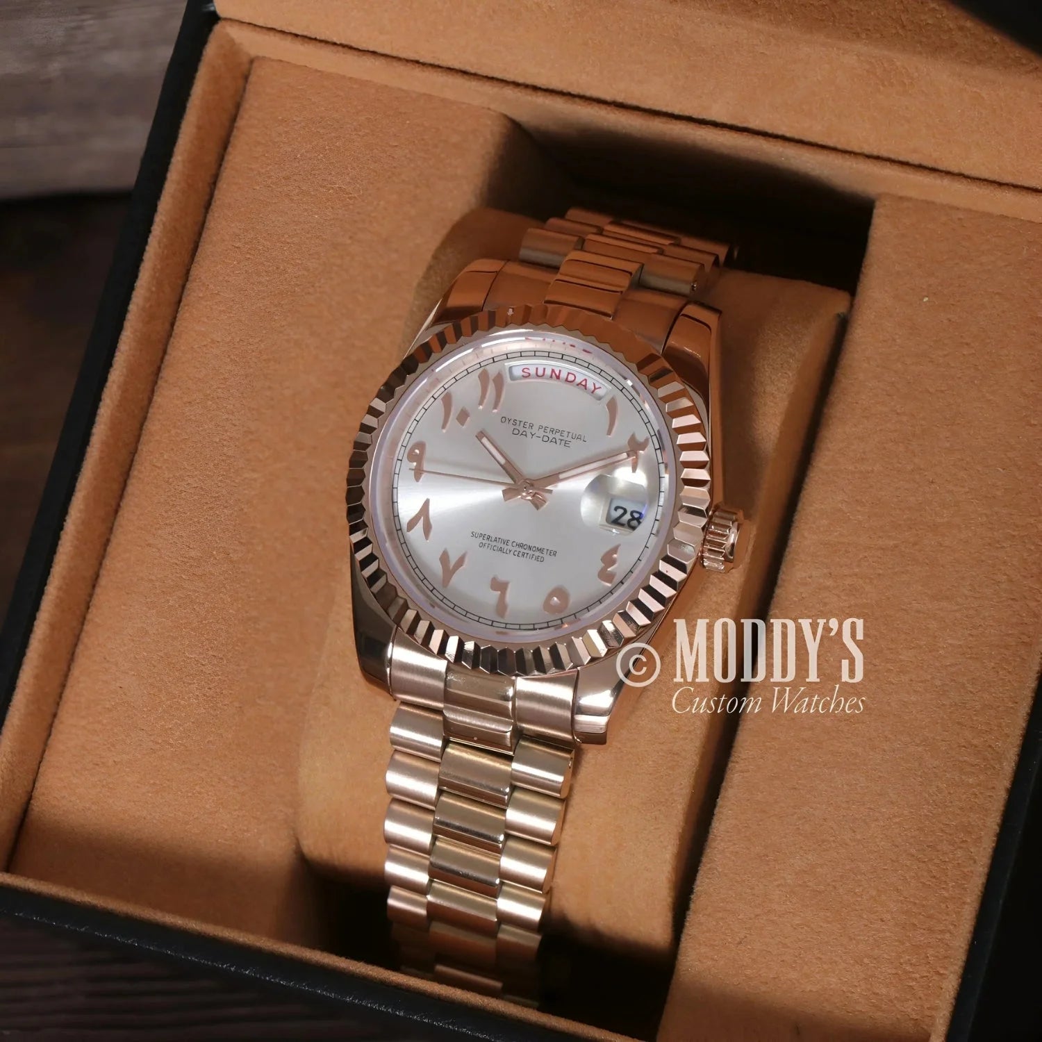Gold Rolex watch with Arabic numerals featured in Seikojust | Daydate Rose Gold