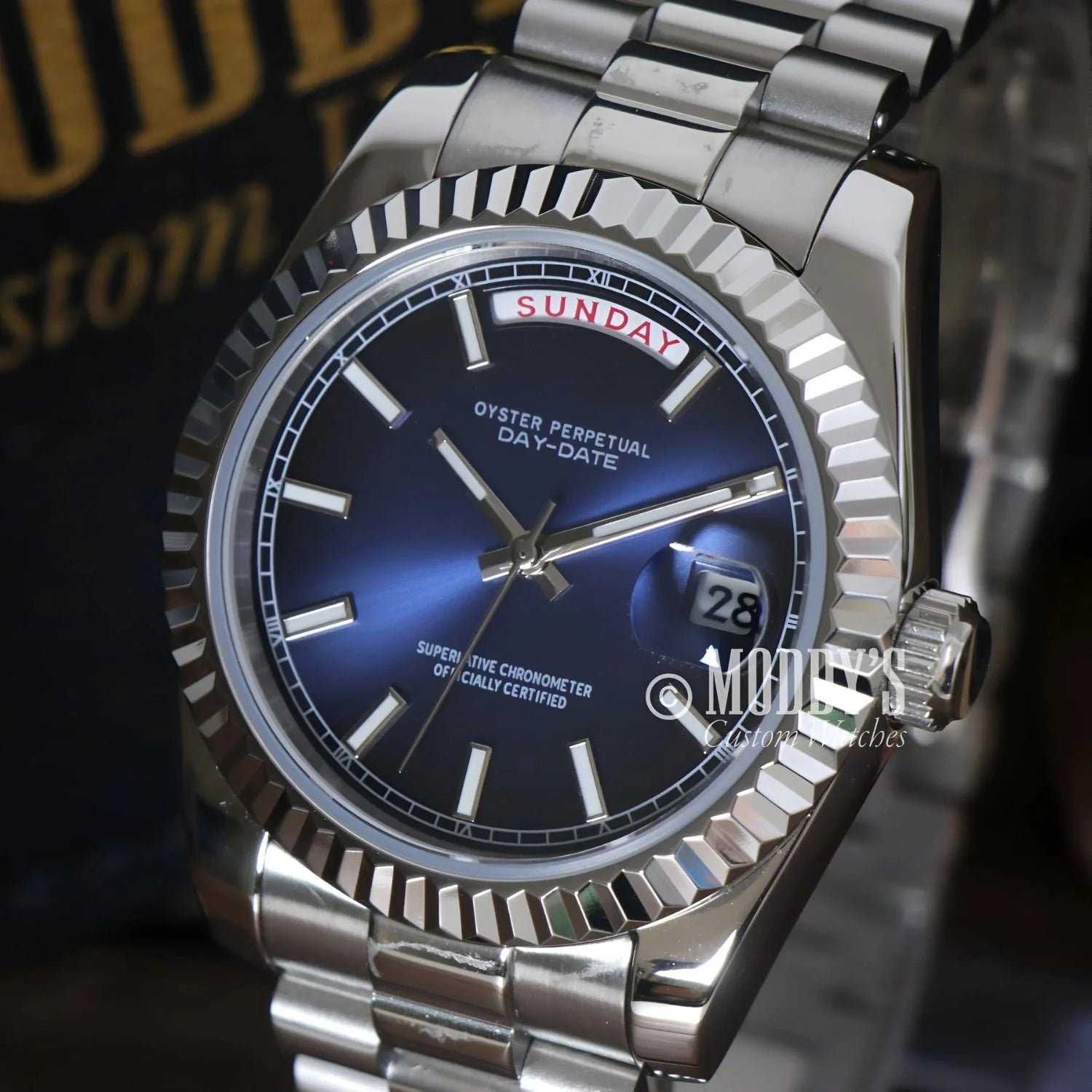 Silver Rolex Oyster Perpetual Day-Date watch in Seikojust Daydate Royal Blue design