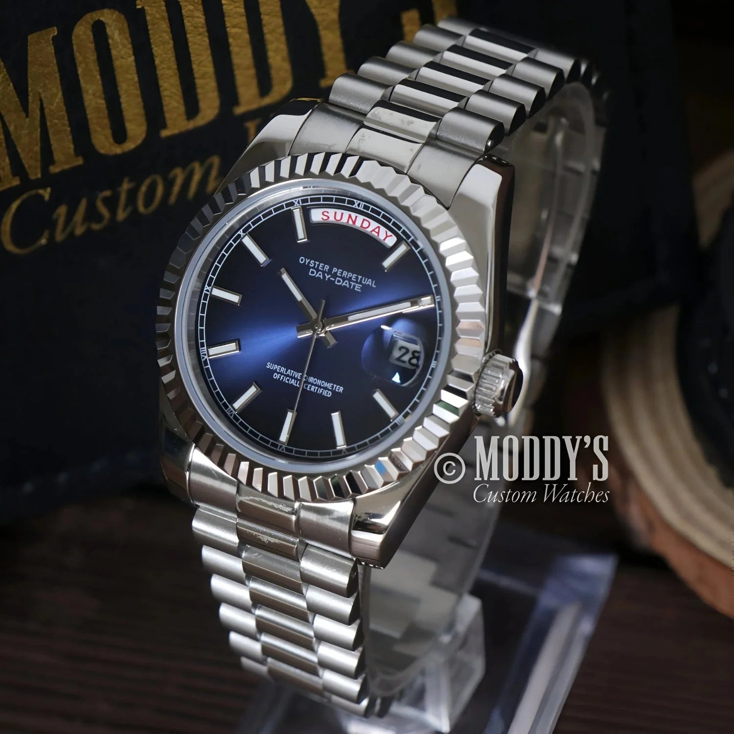Silver 904L stainless steel wristwatch with blue face, Seikojust Daydate Royal Blue