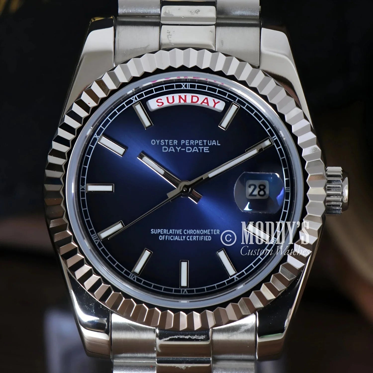 Silver Rolex Day-Date watch with blue dial in 904L stainless steel - Seikojust Daydate Royal Blue