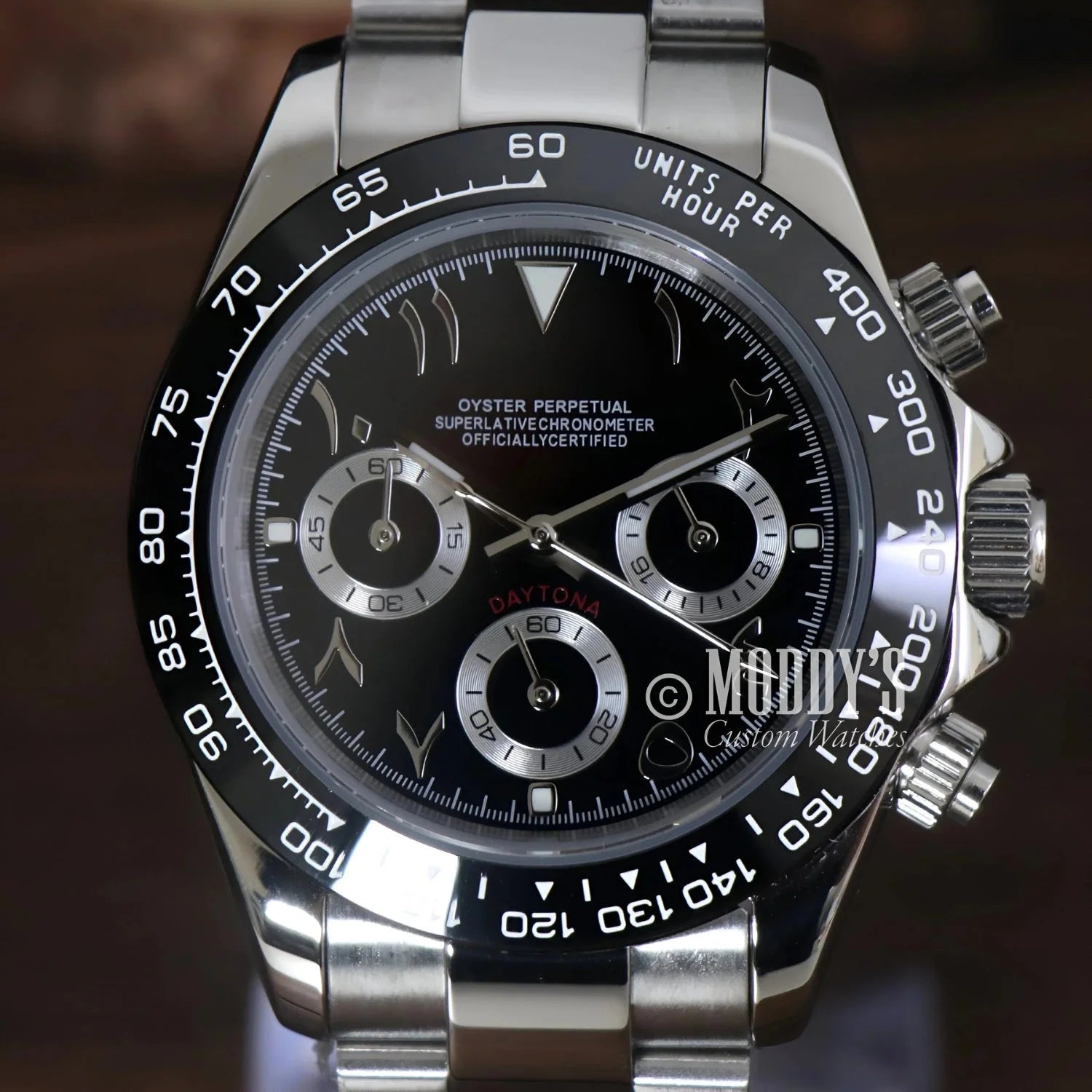 Silver Rolex Daytona watch featured in Seitona Arabic Black with Seiko VK63 Hybrid movement