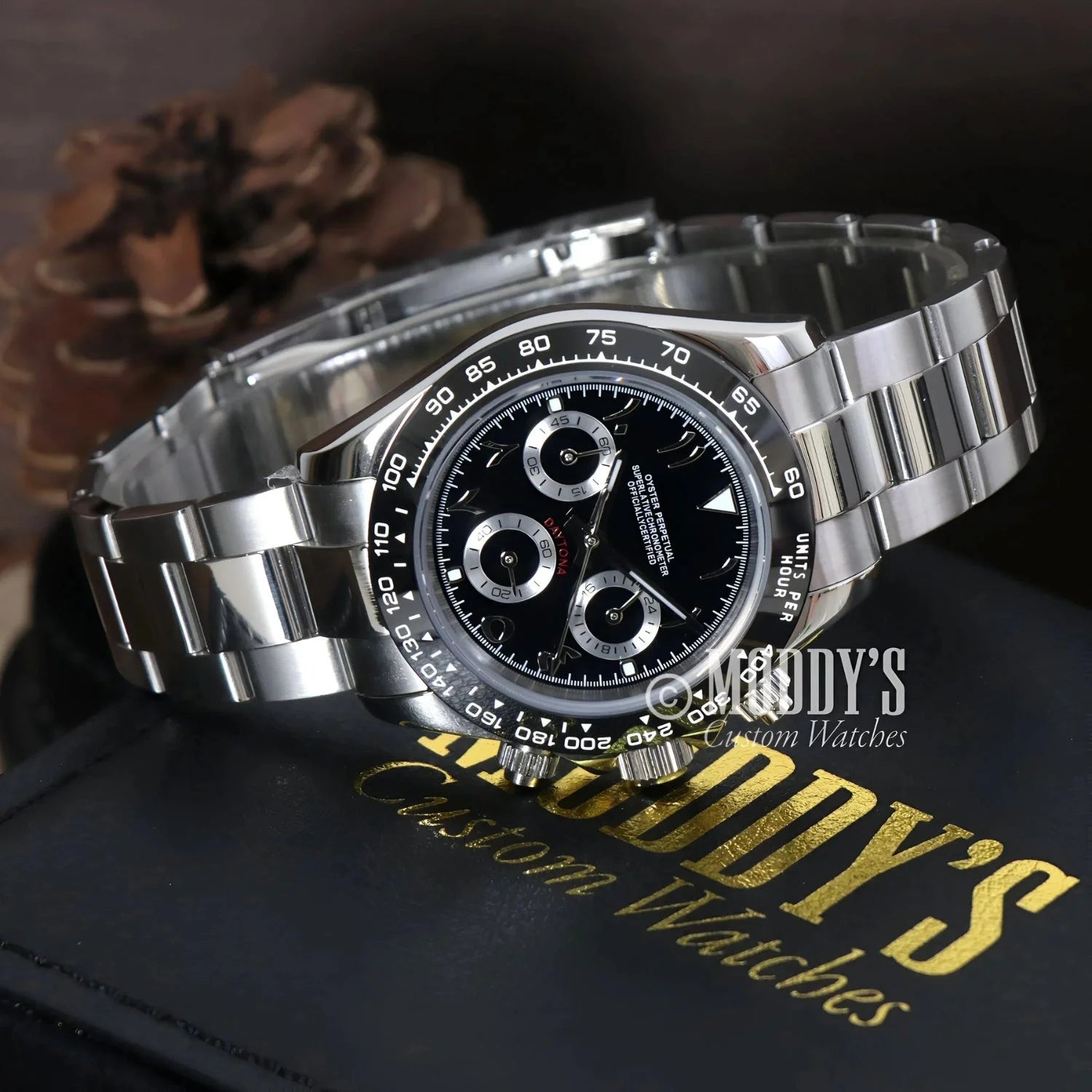 Silver wristwatch with black dial, Seitona Arabic Black featuring Seiko VK63 Hybrid movement
