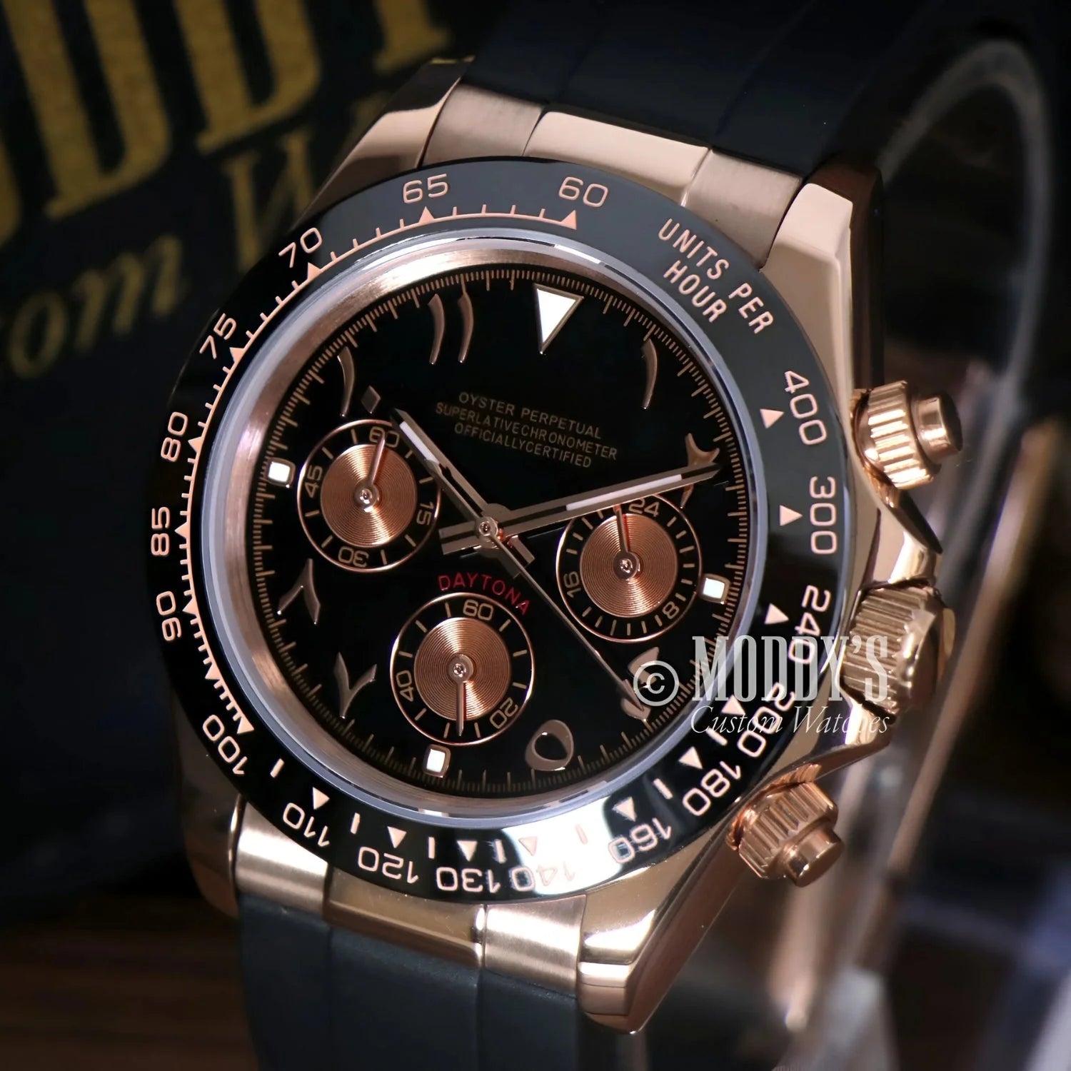 Rose Gold Daytona wristwatch featuring Arabic Rose Gold and VK63 hybrid movement