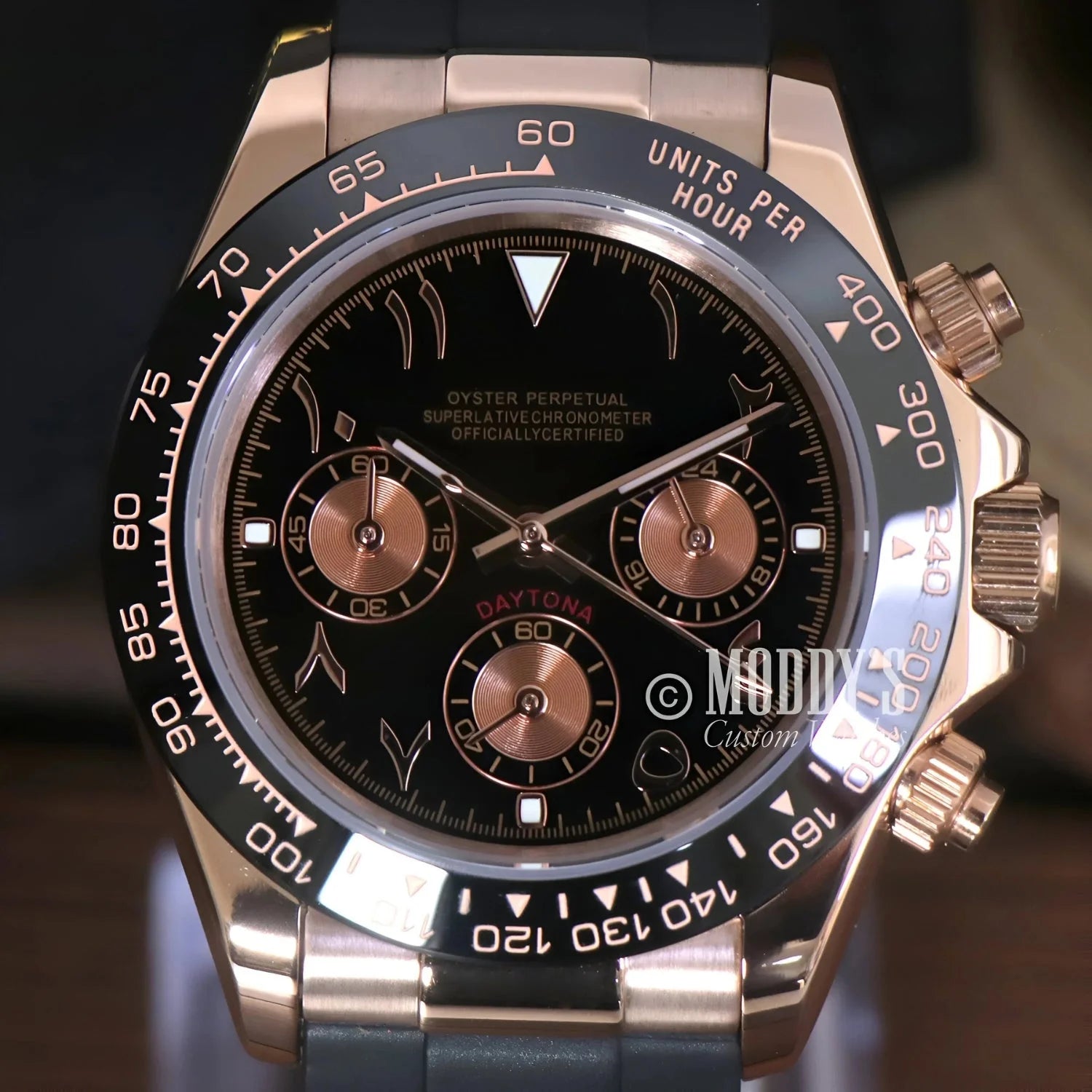 Rose gold and black chronograph watch with VK63 hybrid movement, Arabic Rose Gold design