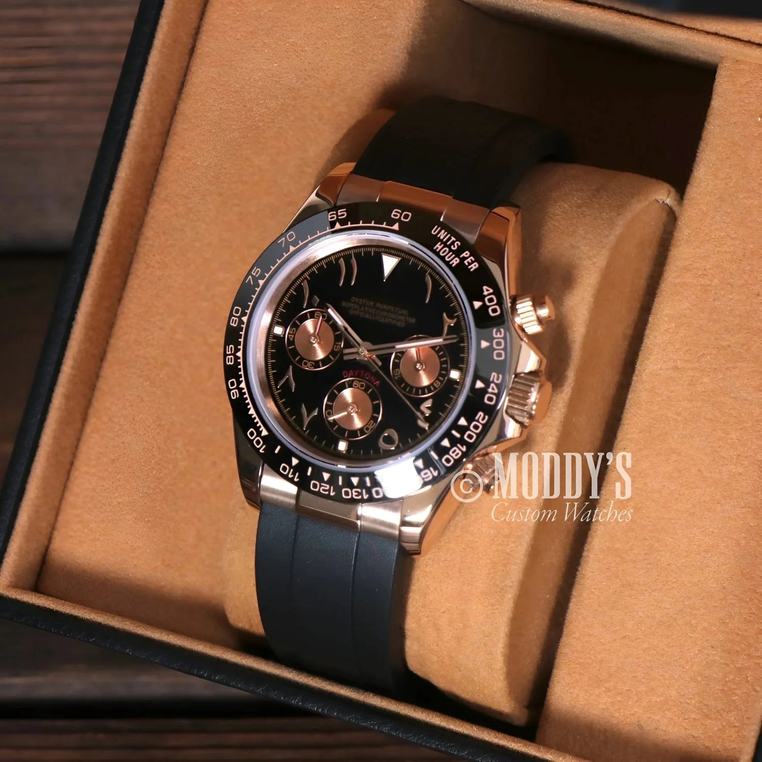 Gold and black chronograph wristwatch featuring Seiko VK63 Hybrid movement in Arabic Rose Gold