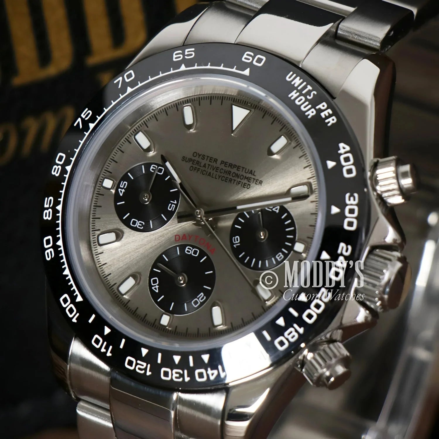 Silver Rolex Daytona wristwatch showcased in Seitona Champagne with Seiko VK63 hybrid movement