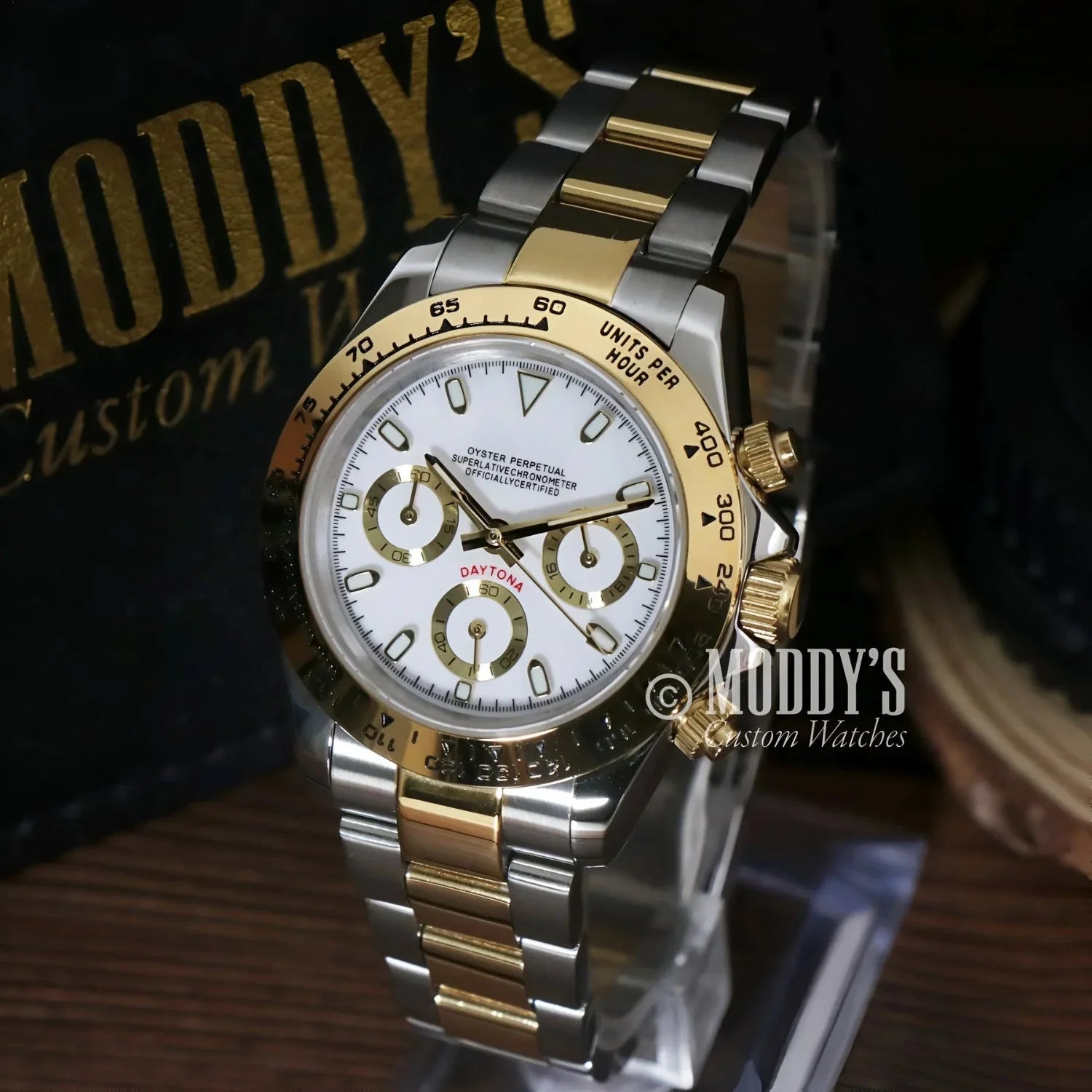Two-tone Rolex Daytona wristwatch featuring Seiko VK63 hybrid movement in silver-gold design