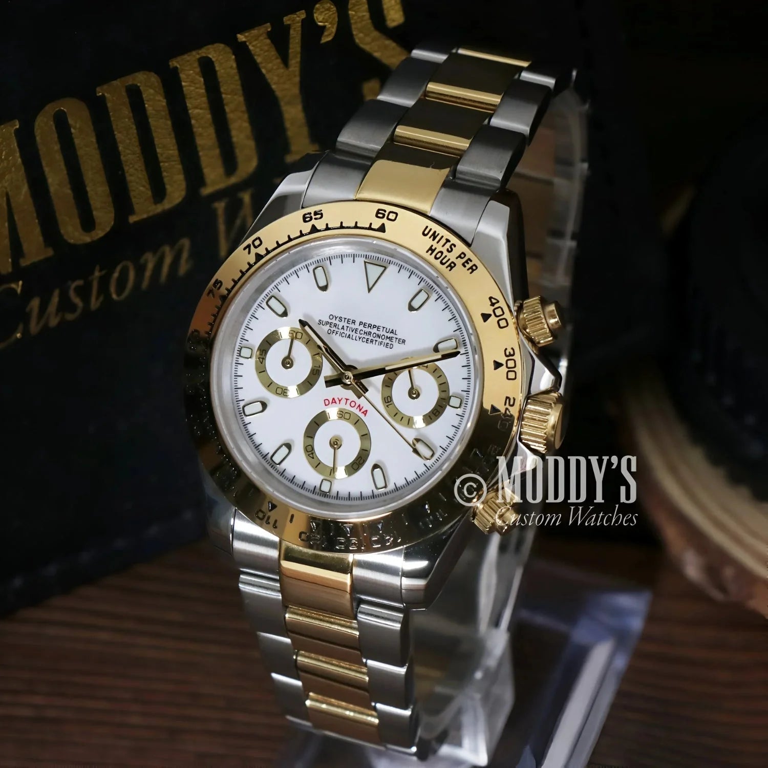 Two-tone Rolex Daytona wristwatch featuring Seiko VK63 hybrid movement in silver-gold design