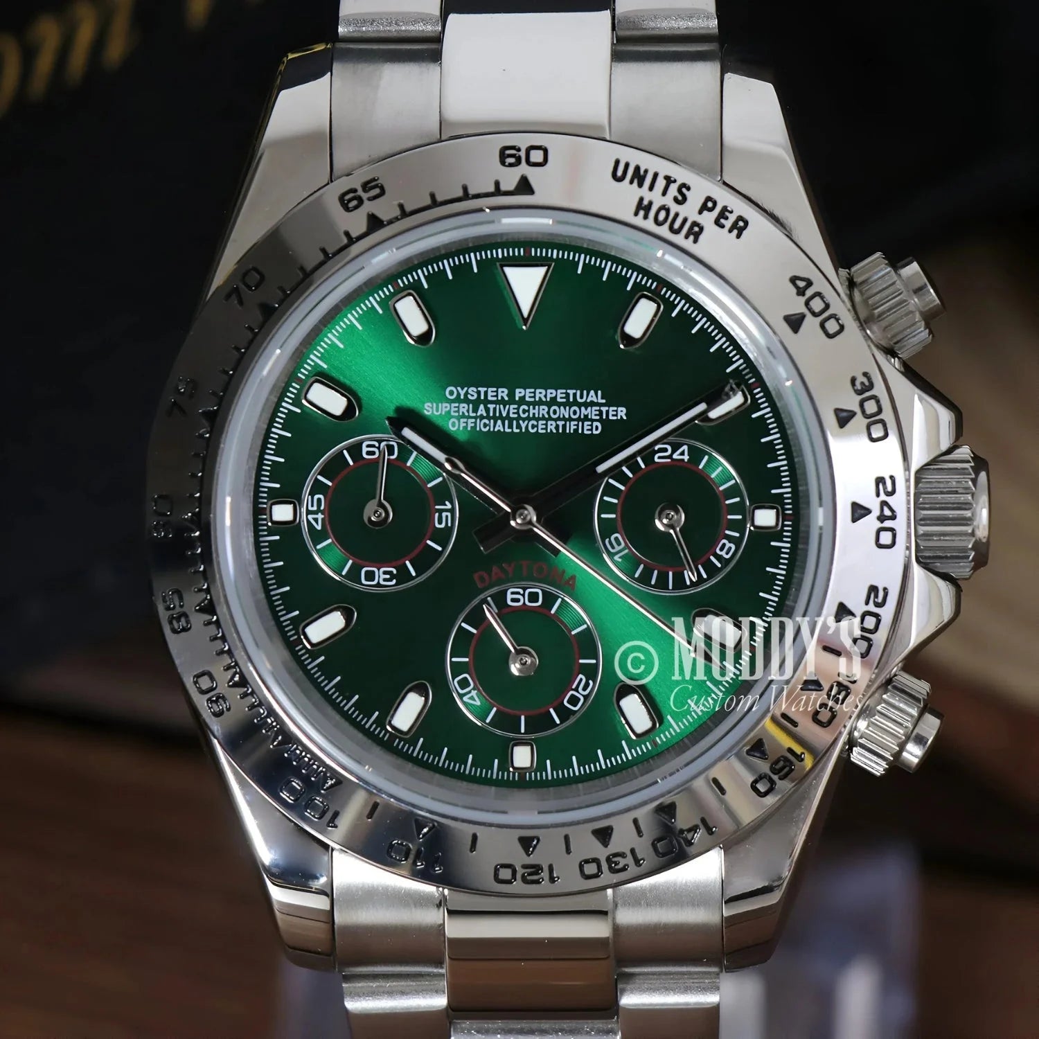 Green-faced stainless steel chronograph wristwatch Seitona Silver Green with Seiko VK63 hybrid