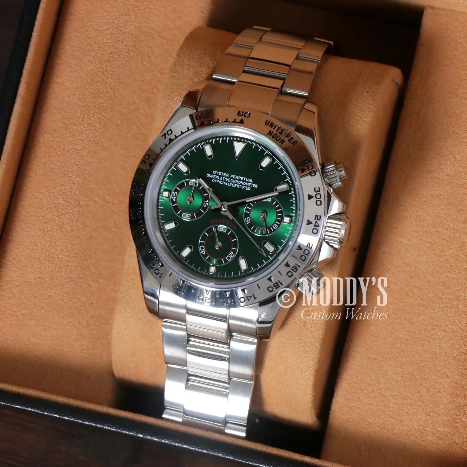Silver wristwatch with green face featuring Seiko VK63 hybrid movement, Seitona model