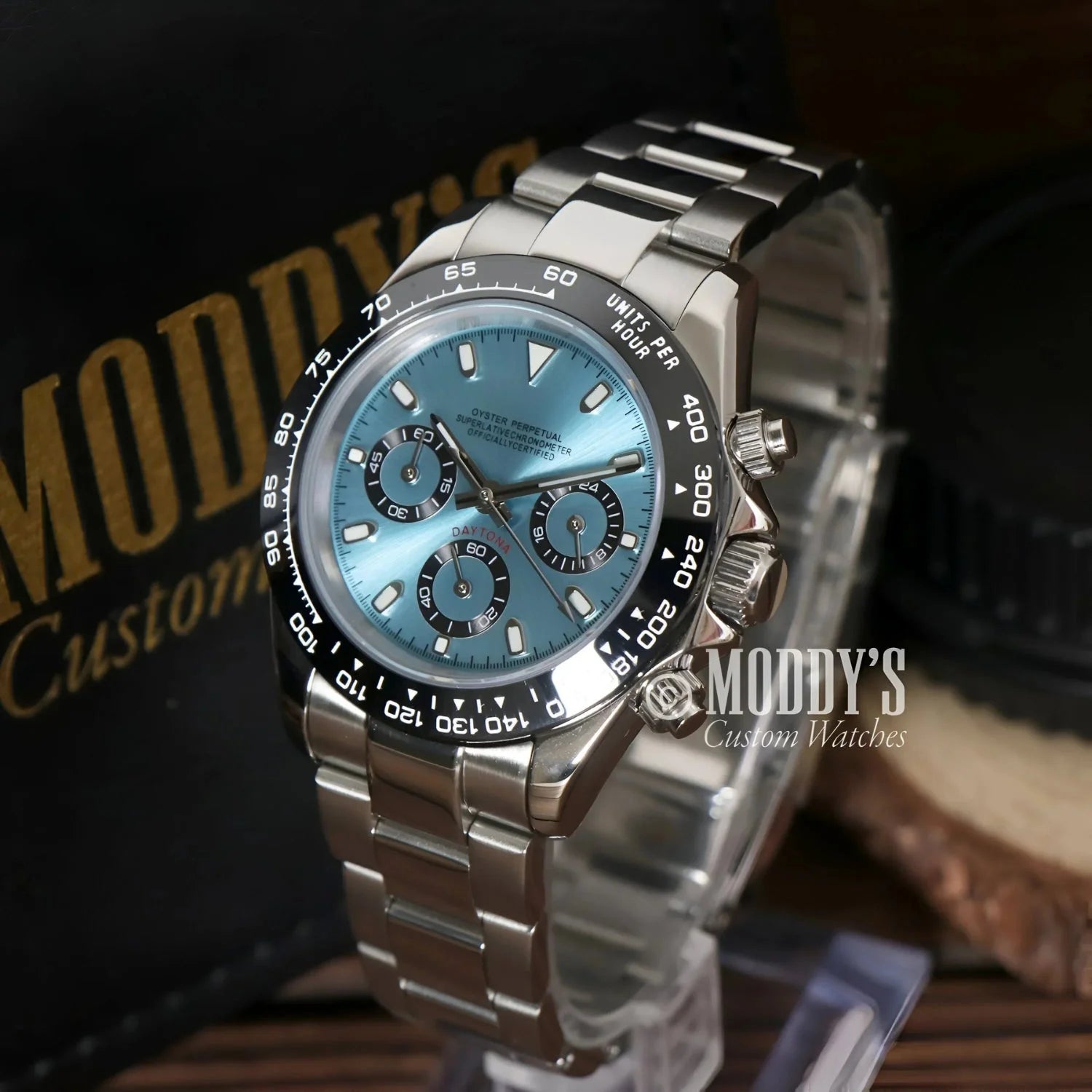 Silver Rolex Daytona watch with ice blue dial and VK63 hybrid movement, Seitona collection