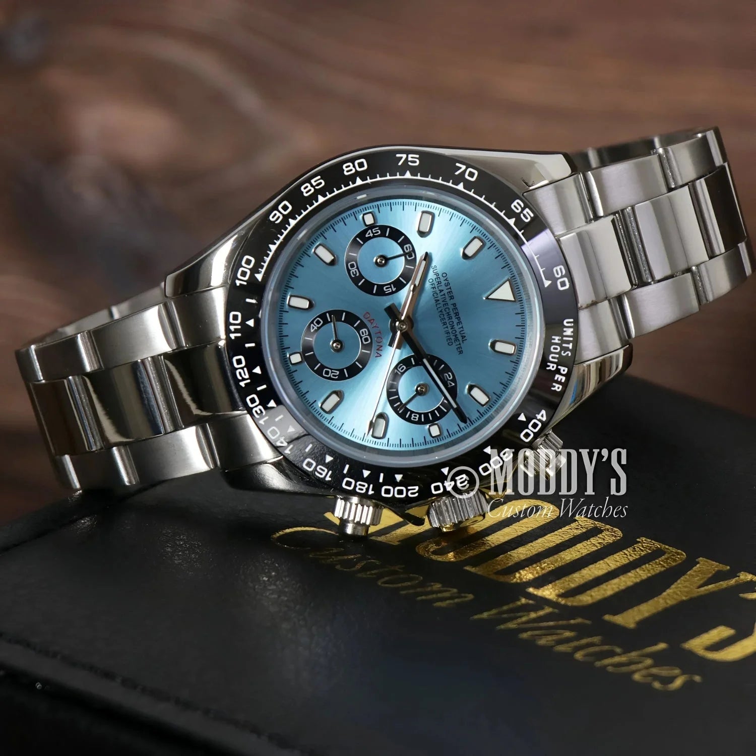 Silver wristwatch with light blue face named Seitona | Ice Blue featuring VK63 hybrid movement
