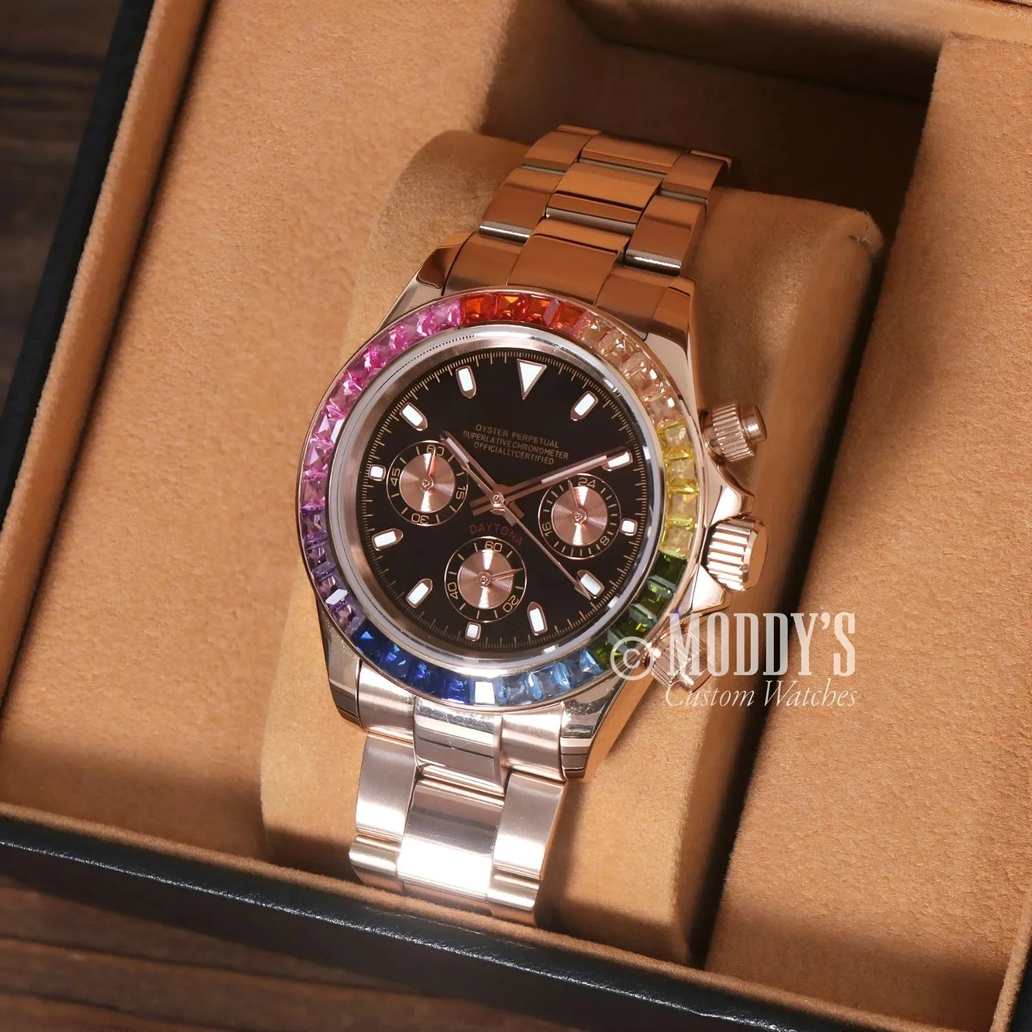 Silver wristwatch with rainbow bezel in Seitona Rose Gold, featuring VK63 hybrid movement