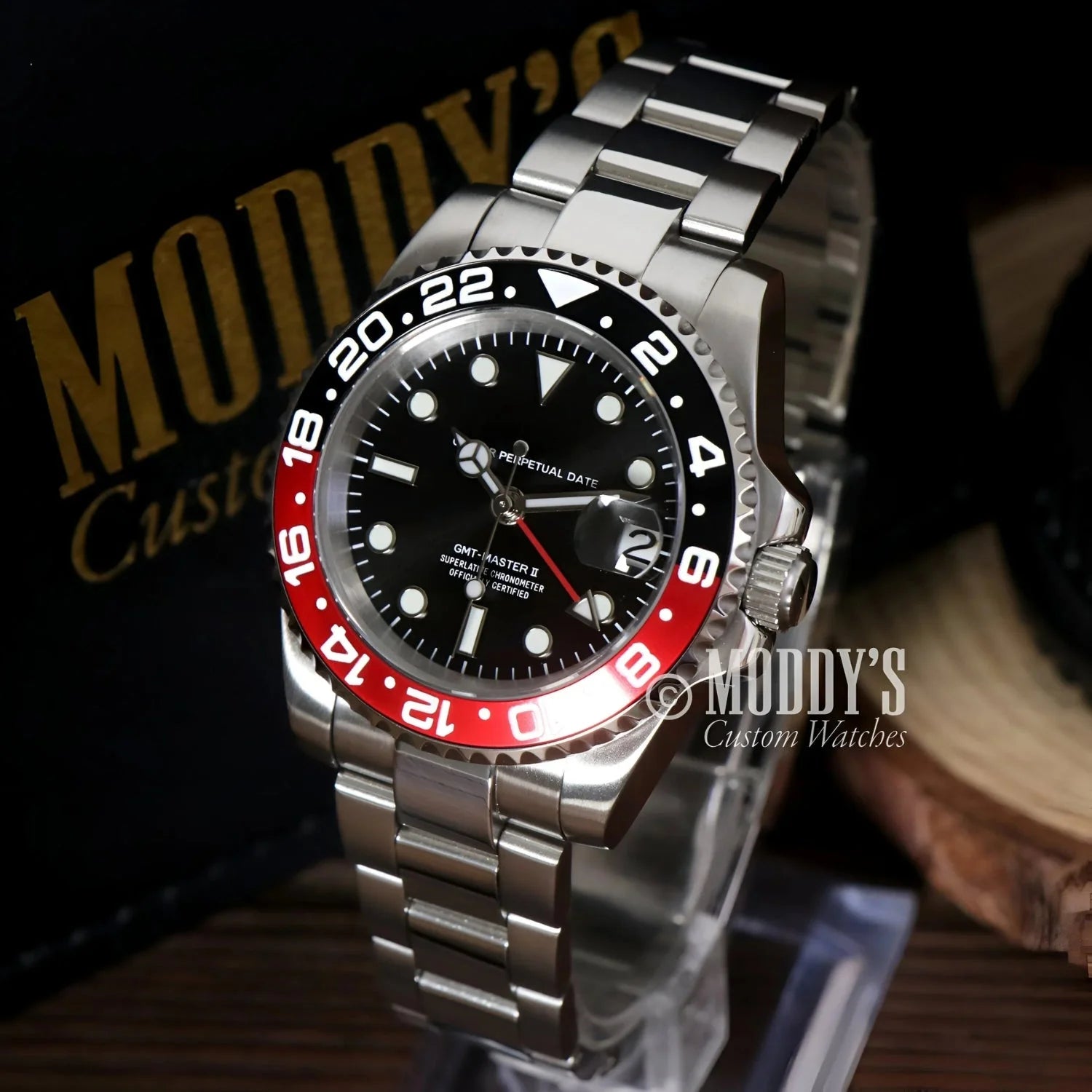 Silver Rolex GMT-Master II watch in GMTeiko Coke with NH34 automatic movement and 904L stainless steel