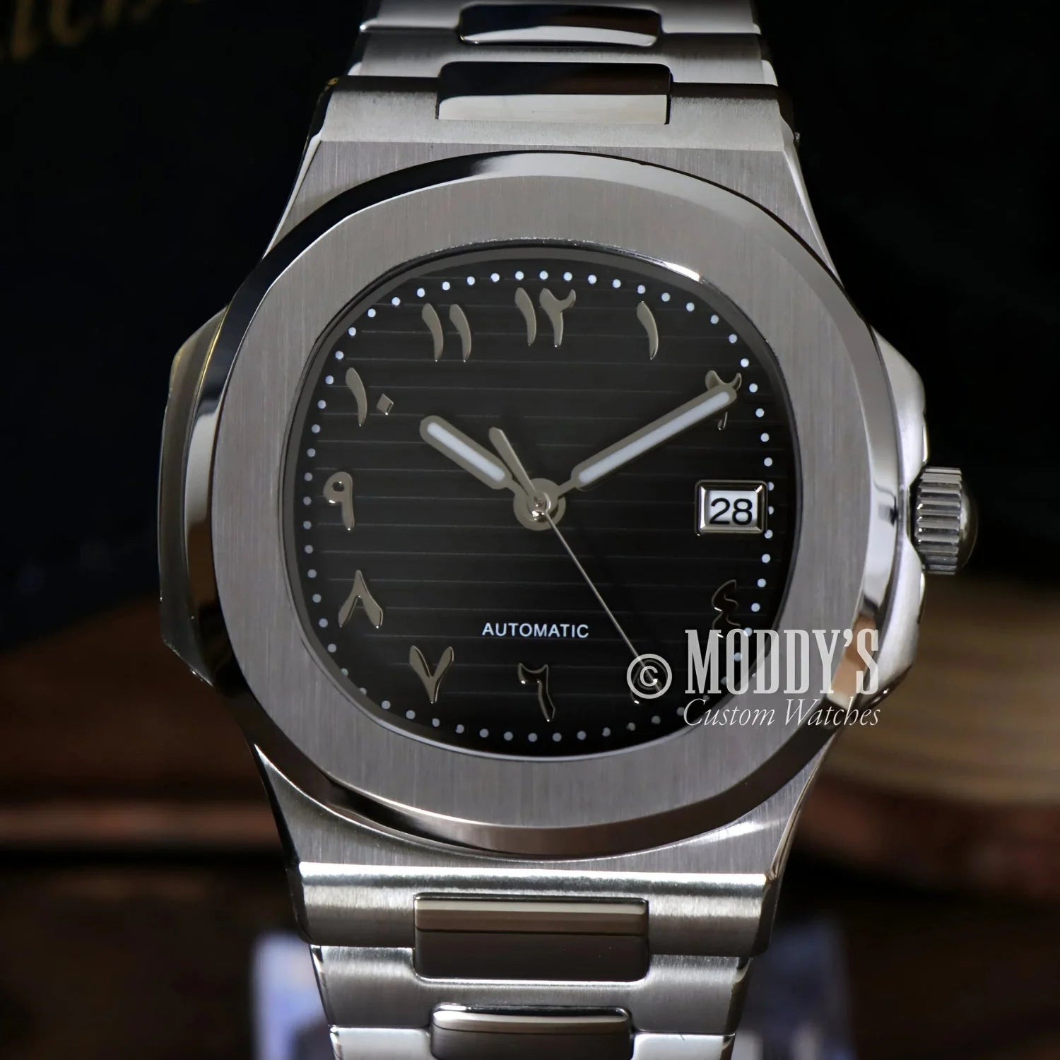 Silver Nautiko wristwatch with Arabic numerals and NH35 automatic movement in 904L stainless steel