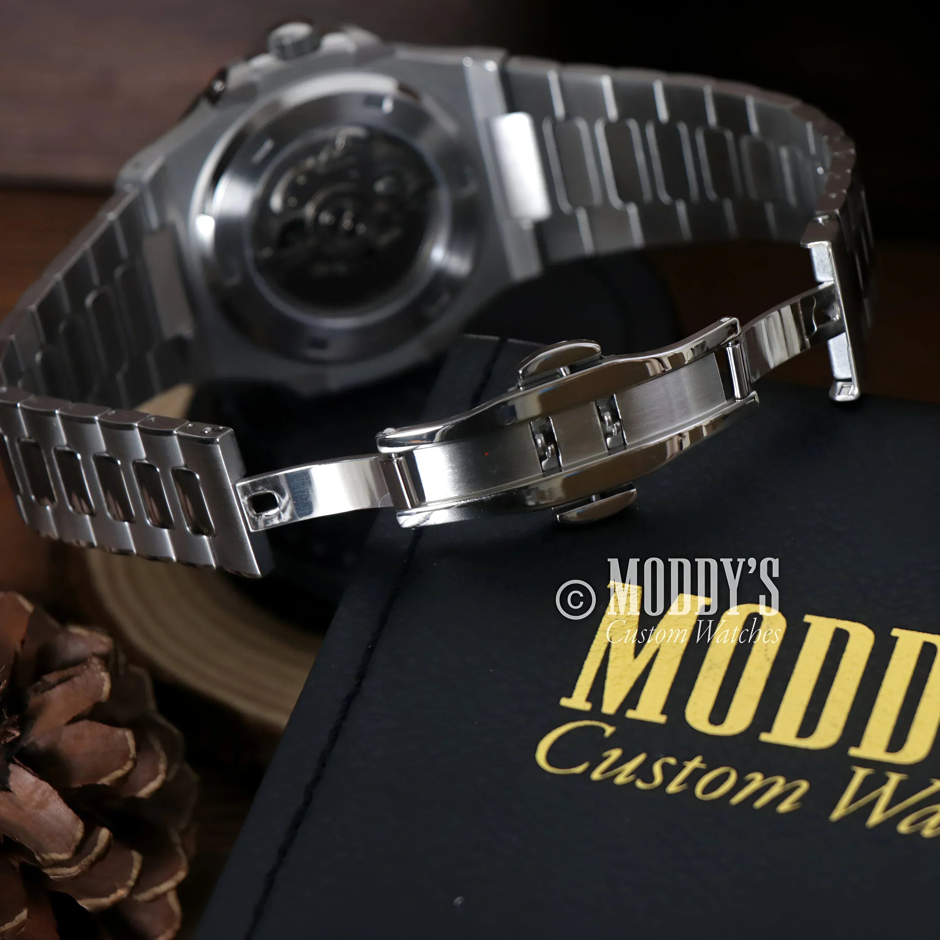 Silver Nautiko Arabic Black watch with 904L stainless steel band and NH35 automatic movement