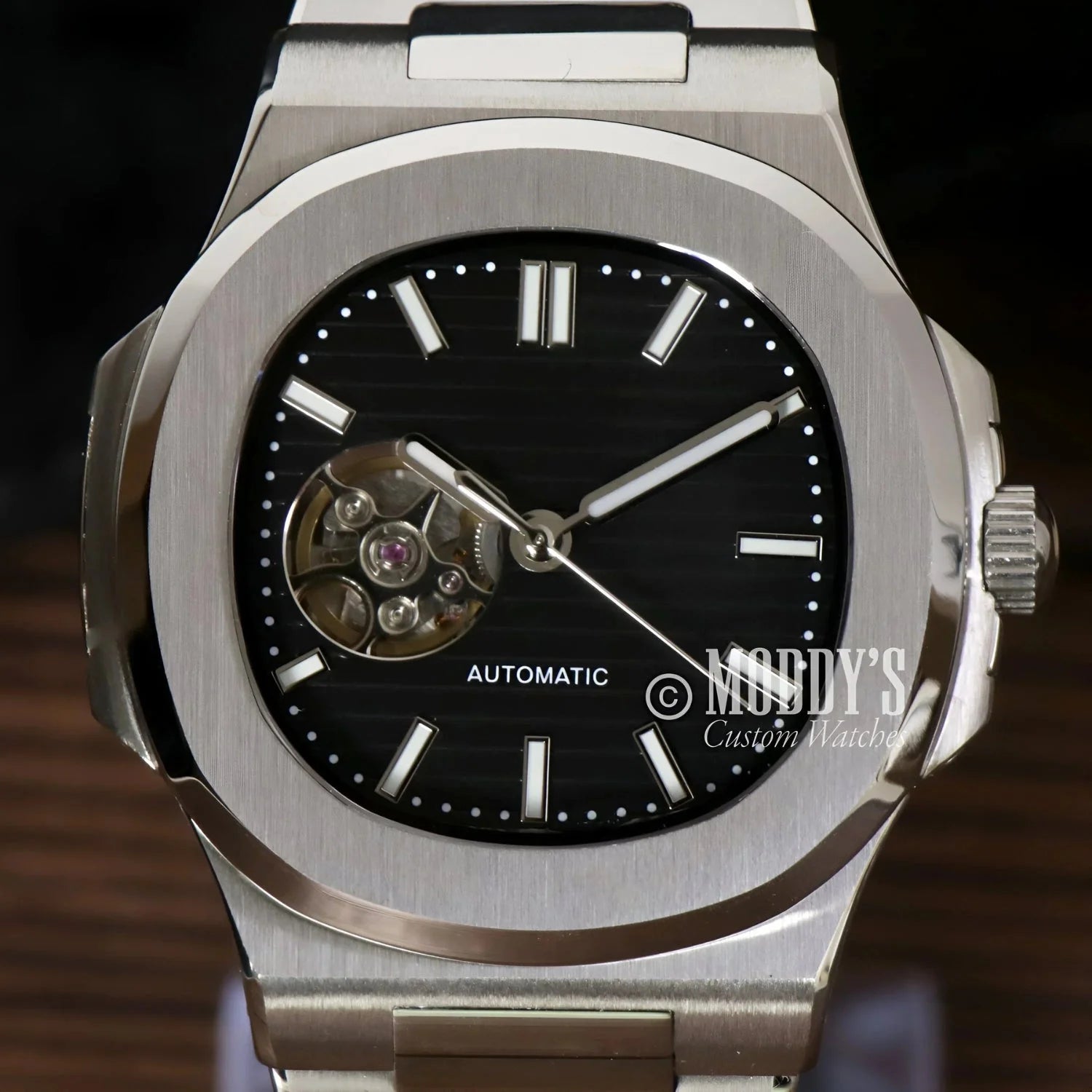 Silver-toned Nautiko Black Open Movement wristwatch with NH38 automatic movement