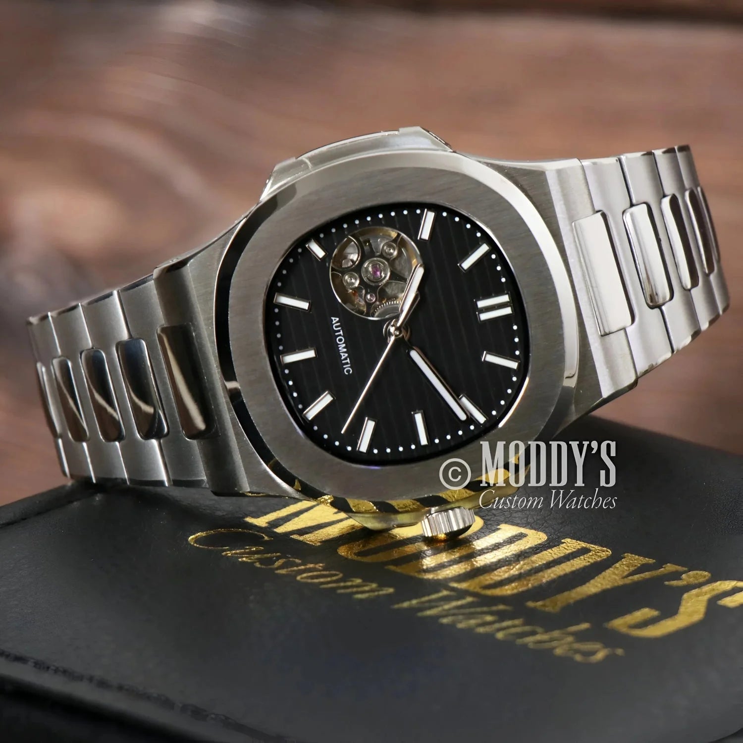 Silver automatic wristwatch Nautiko Black Open Movement with NH38 movement and 904L stainless steel