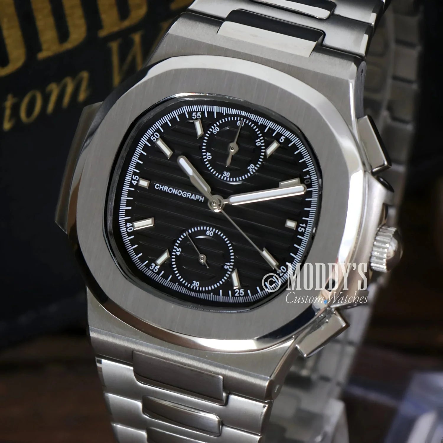 Silver chronograph wristwatch Nautiko Chrono Black in 904L stainless steel design