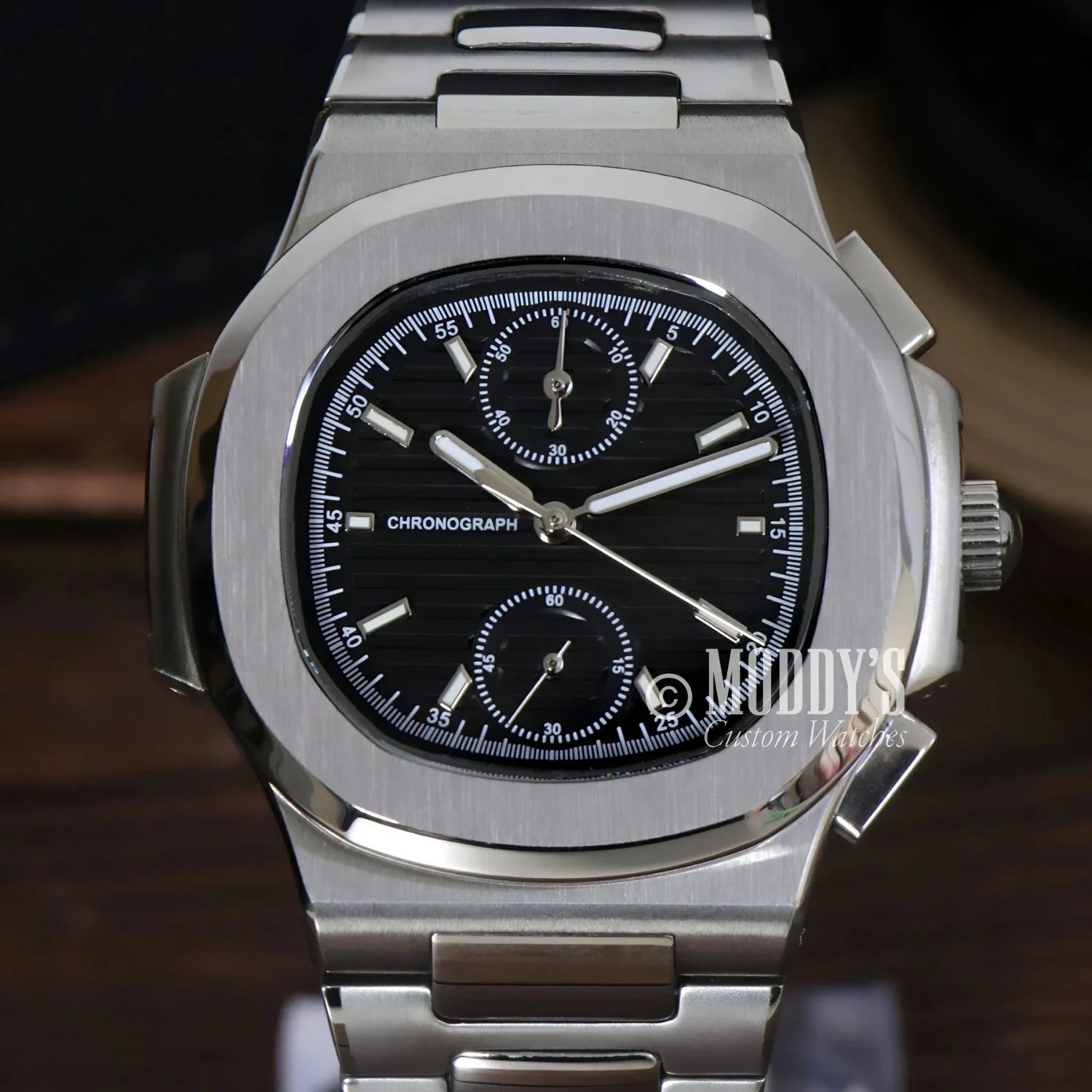 Silver chronograph wristwatch Nautiko Chrono Black featuring Seiko VK61 hybrid movement