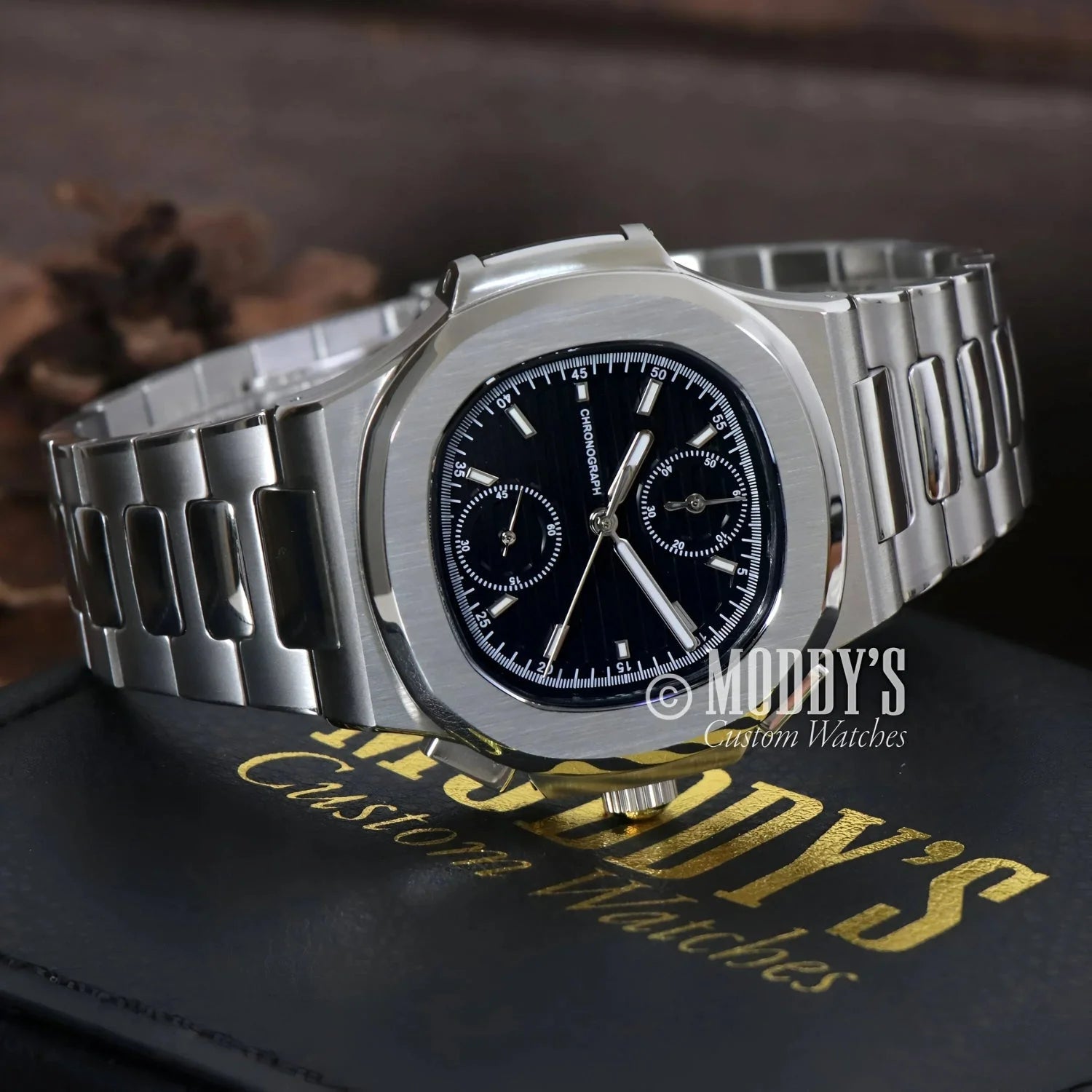 Silver chronograph wristwatch Nautiko | Chrono Black in 904L stainless steel finish