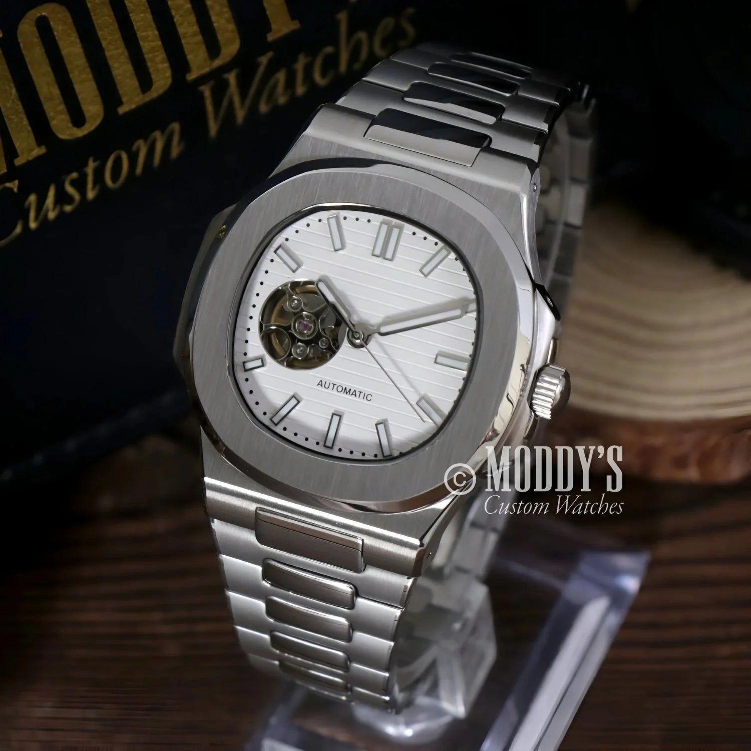 Silver automatic wristwatch Nautiko White Open Heart with 904L stainless steel design
