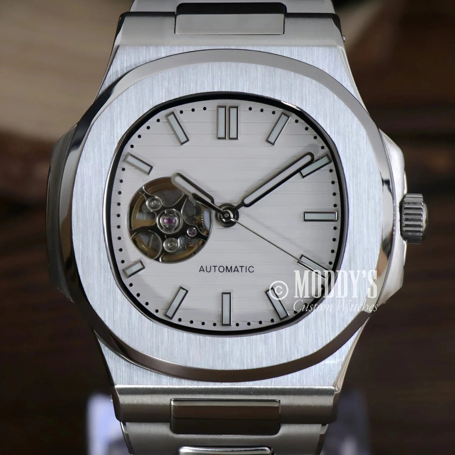 Silver automatic wristwatch Nautiko White Open Heart with 904L stainless steel design