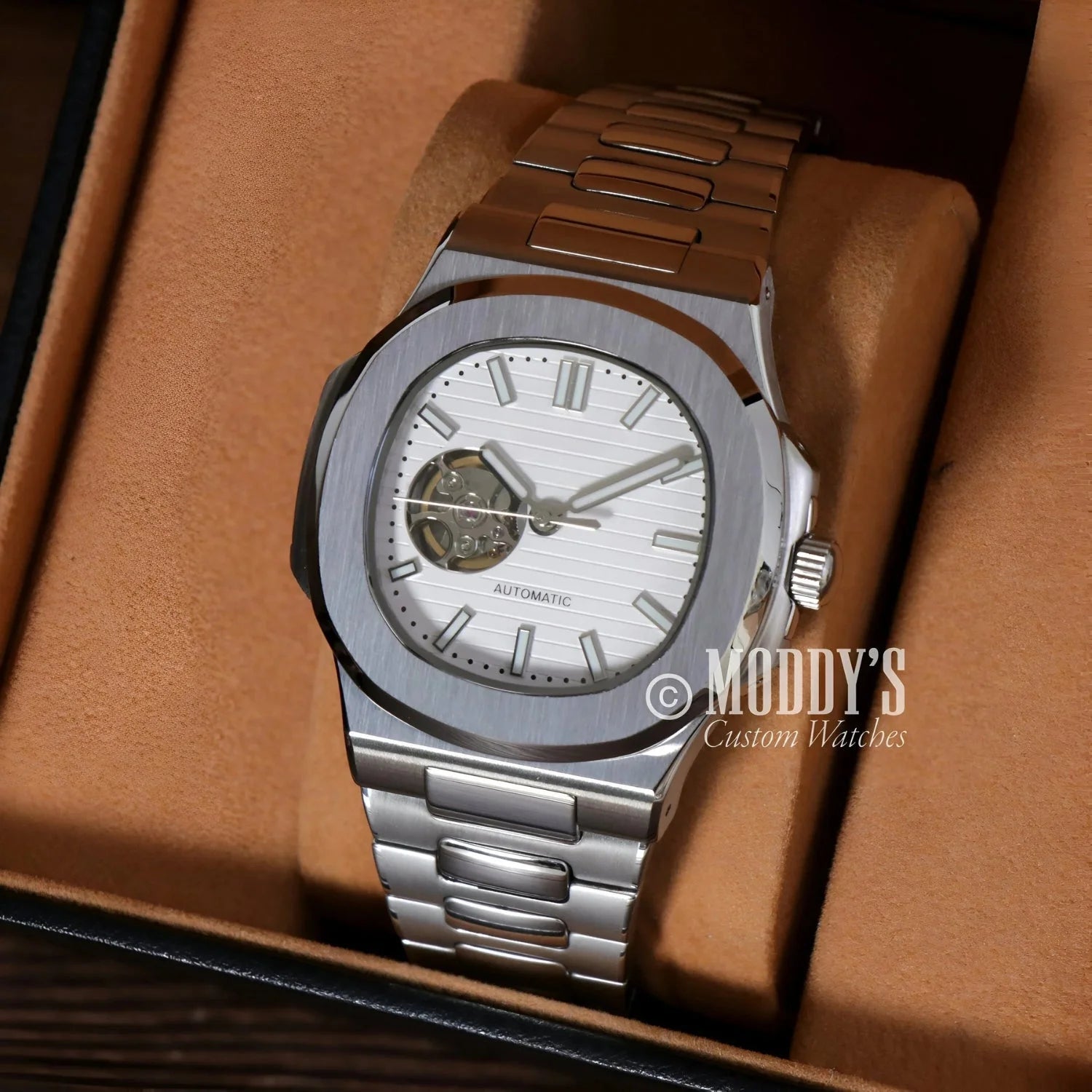 Silver automatic wristwatch Nautiko White Open Heart with 904L stainless steel design