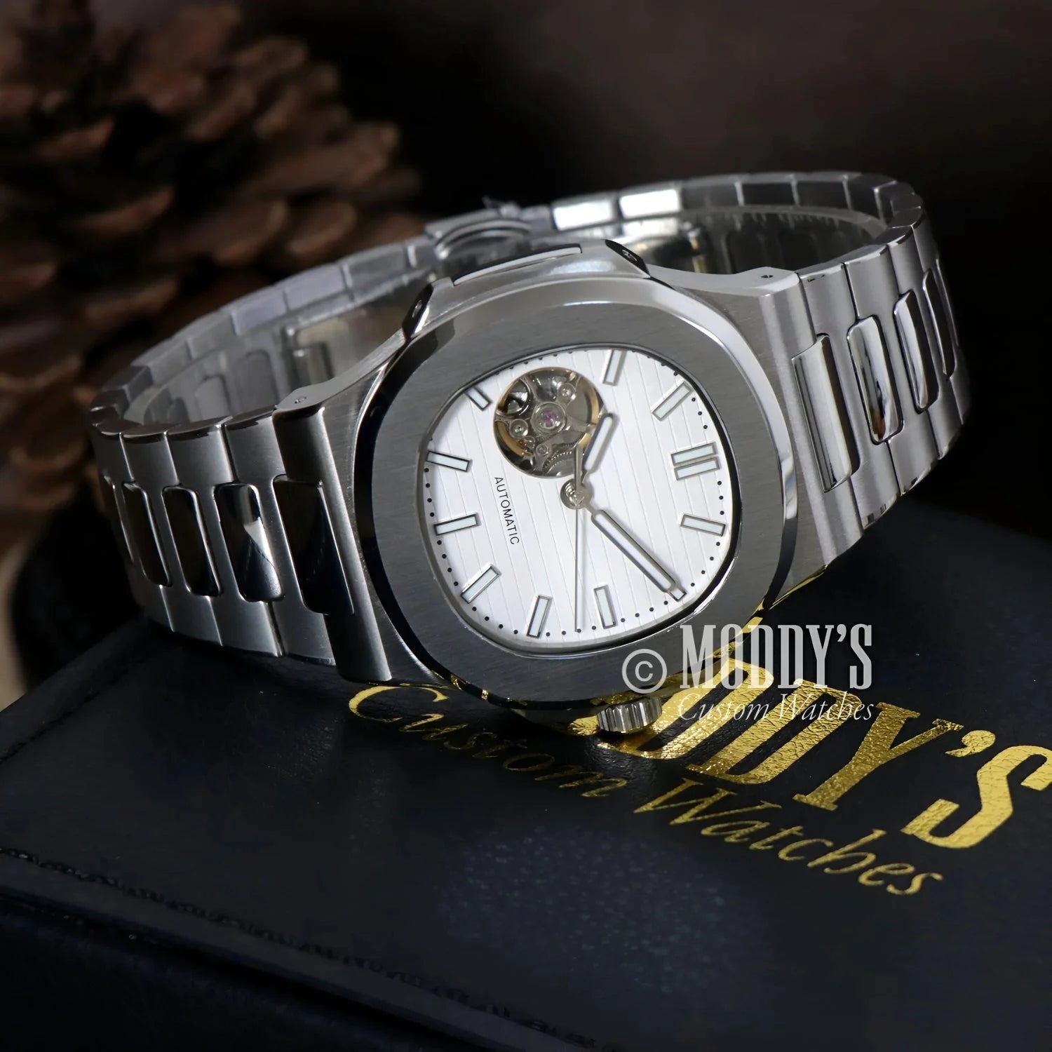 Silver automatic wristwatch Nautiko White Open Heart in 904L stainless steel design